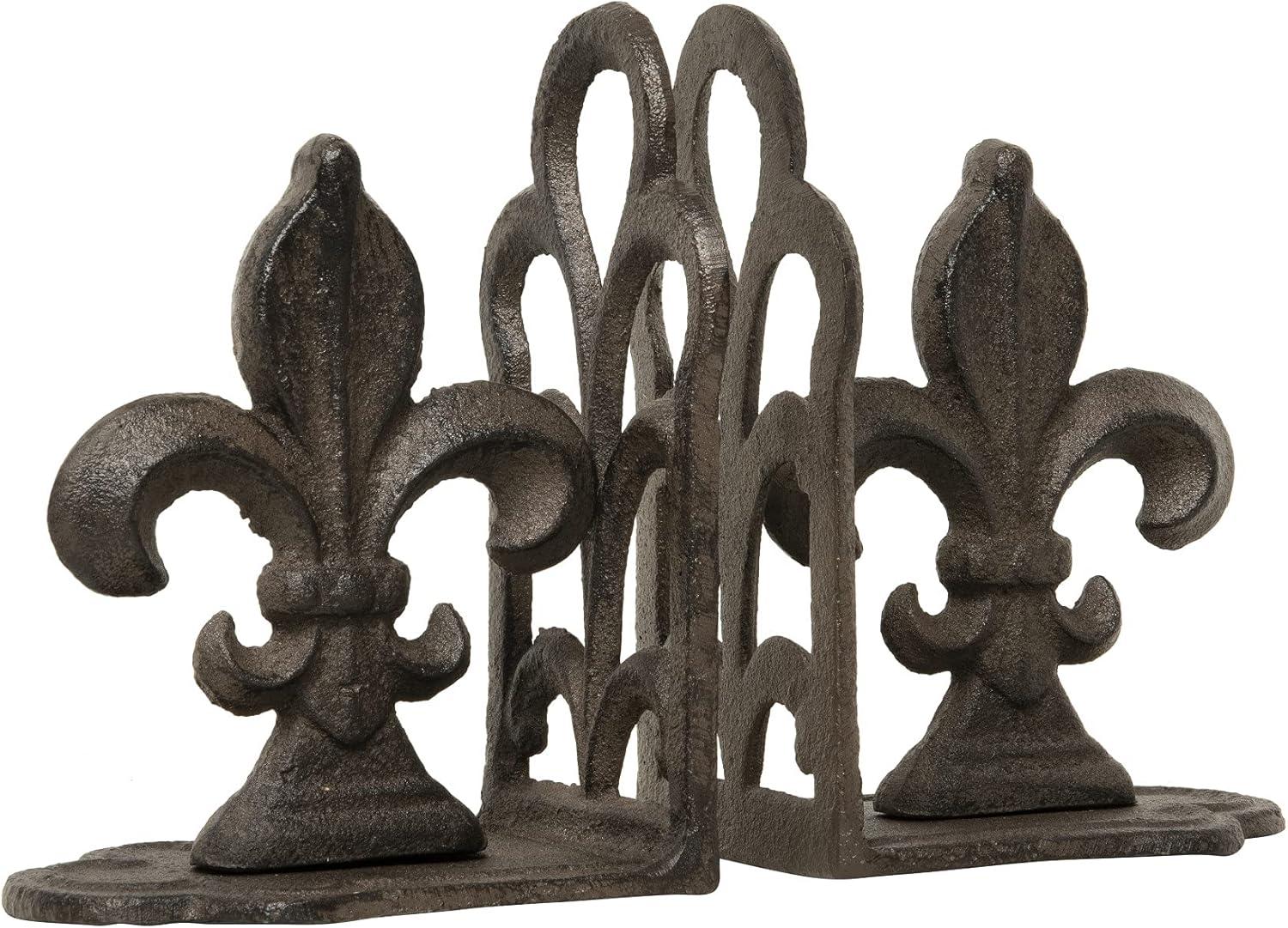 Storied Home Decorative Metal Fleur de Lis Bookends, Brown, Set of 2