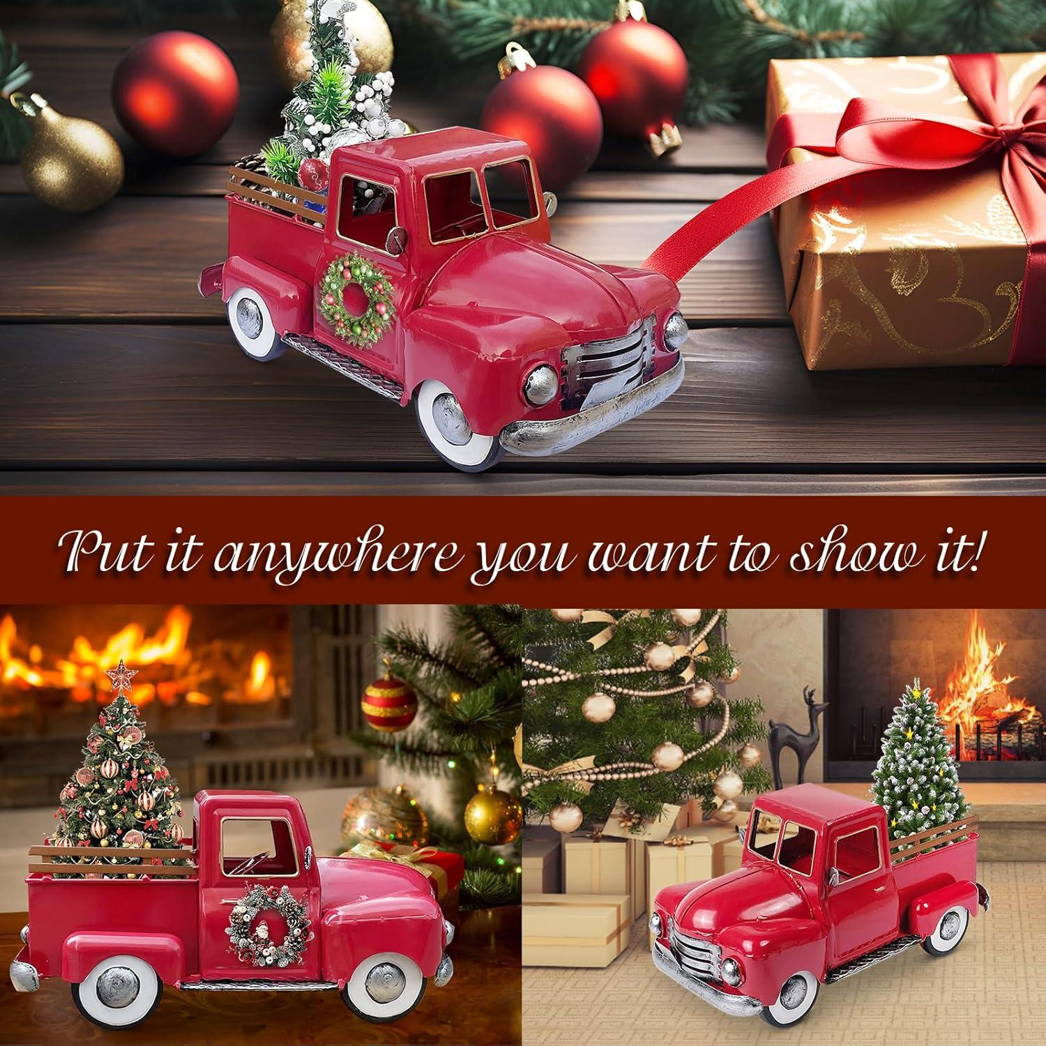 Farmhouse Red Vintage Truck Decor, Home Decorative Christmas Truck, Metal Trucks for Your Kitchen, Bedroom, Office, Living Room, Bathroom, & Holiday Shelf Centerpiece Table Decorations