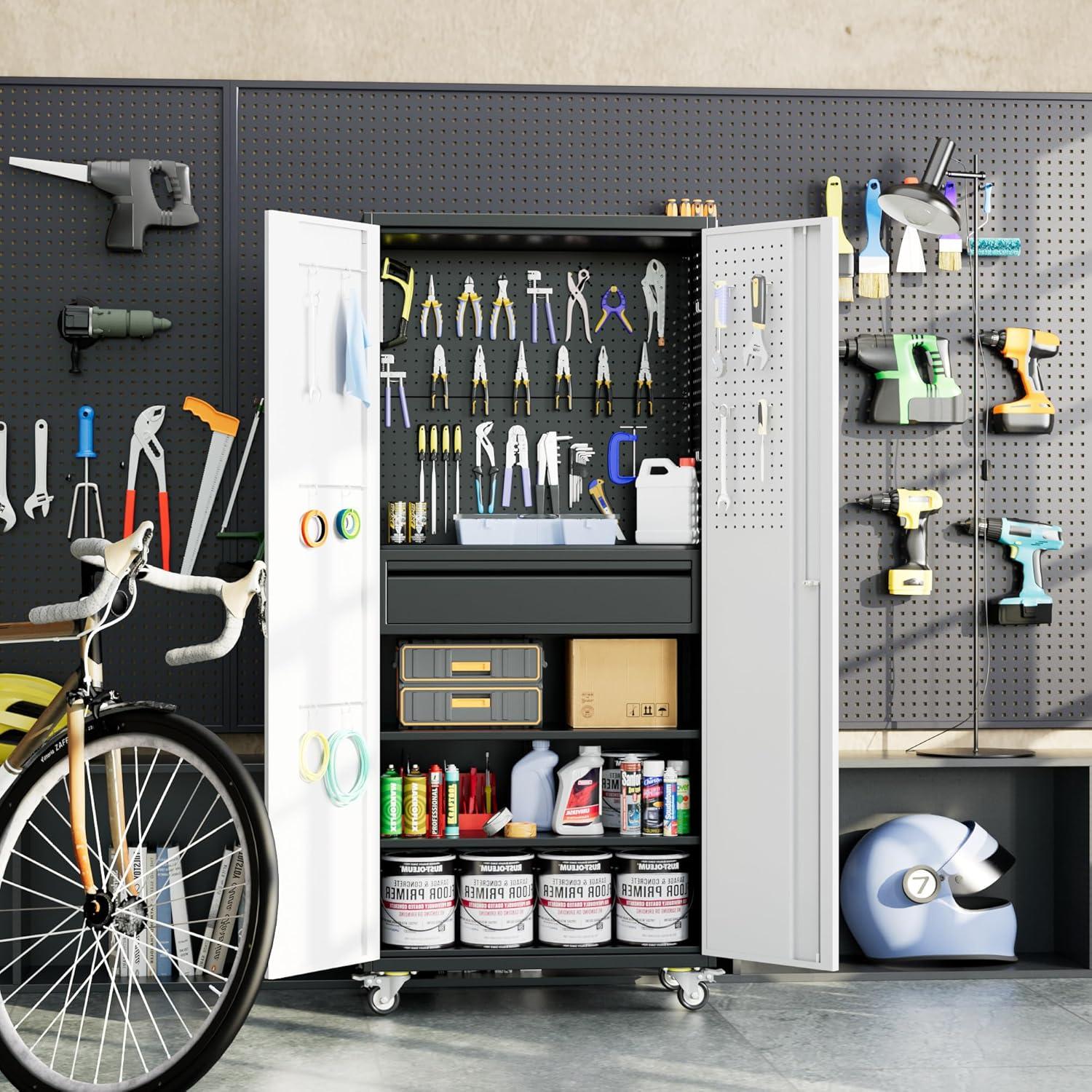 Aobabo Metal Storage Cabinet with Wheels & Pegboards,Office Storage Cabinet with Lock & Shelves,72'' H Steel Garage Cabinet for Office Home Storage,White Required-Assembly