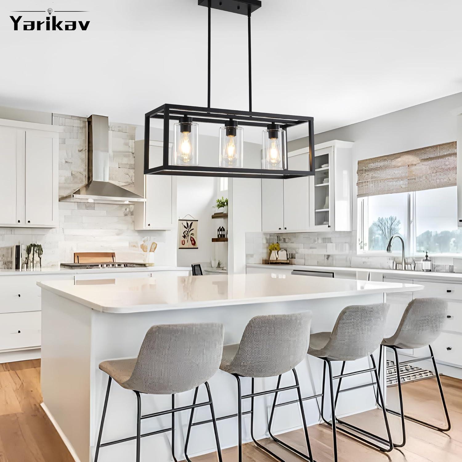 Black Metal and Glass 3-Light Kitchen Island Pendant