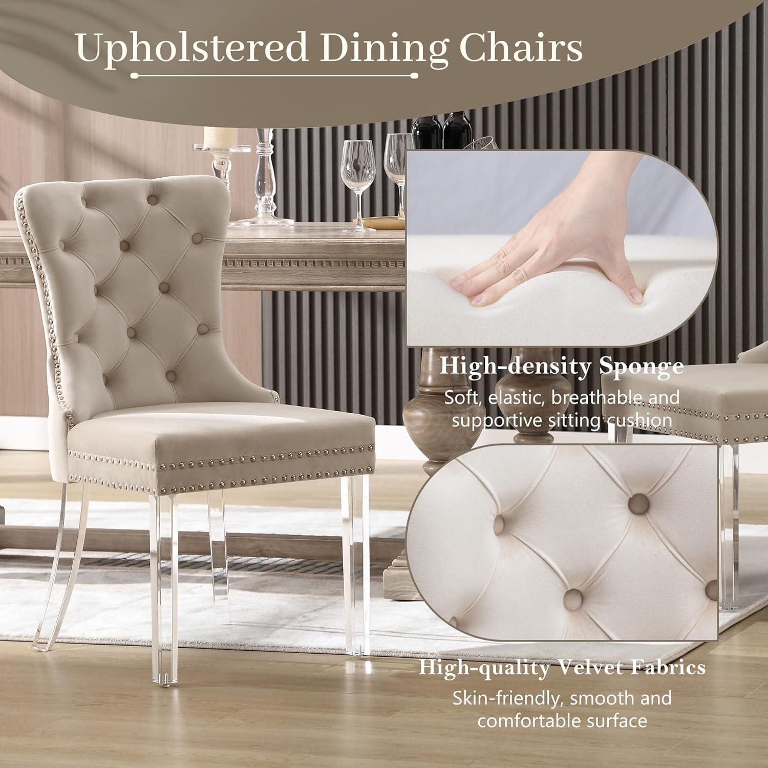 Tzicr Tufted Dining Chairs Set of 4, Upholstered Dining Chairs with Nailhead Back, Nailhead Trim, Velvet Dining Chairs for Kitchen/Bedroom/Dining Room(Beige)