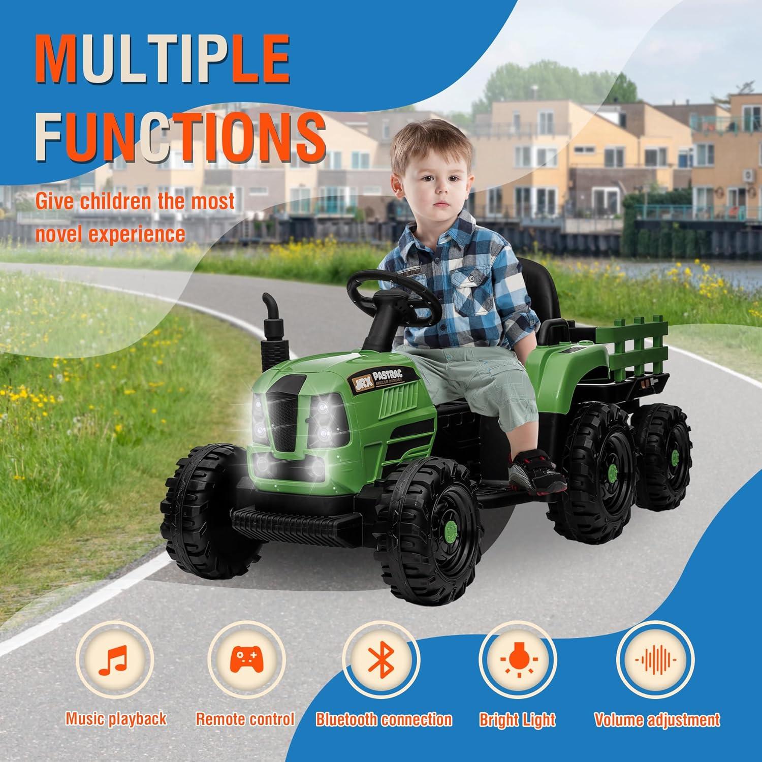 HNH 12V Ride on Tractor with Trailer,12V Battery Powered Electric Tractor Toy with Remote Control,Electric Car for Kids,Three Speed Adjustable,Power Display, Bluetooth,LED Light