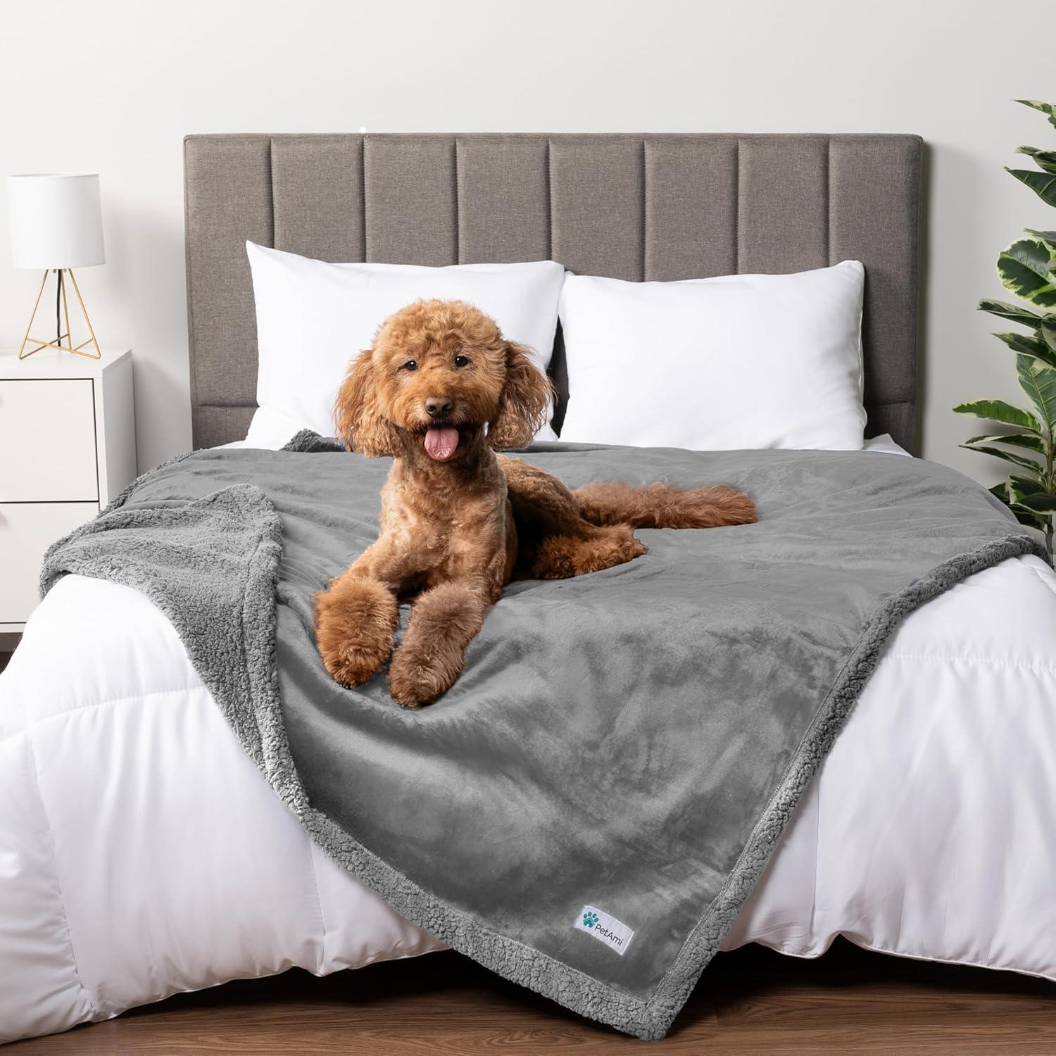 PetAmi Waterproof Dog Blanket for Bed Couch Sofa Cover, Reversible Faux Shearling Fleece Pet Throw