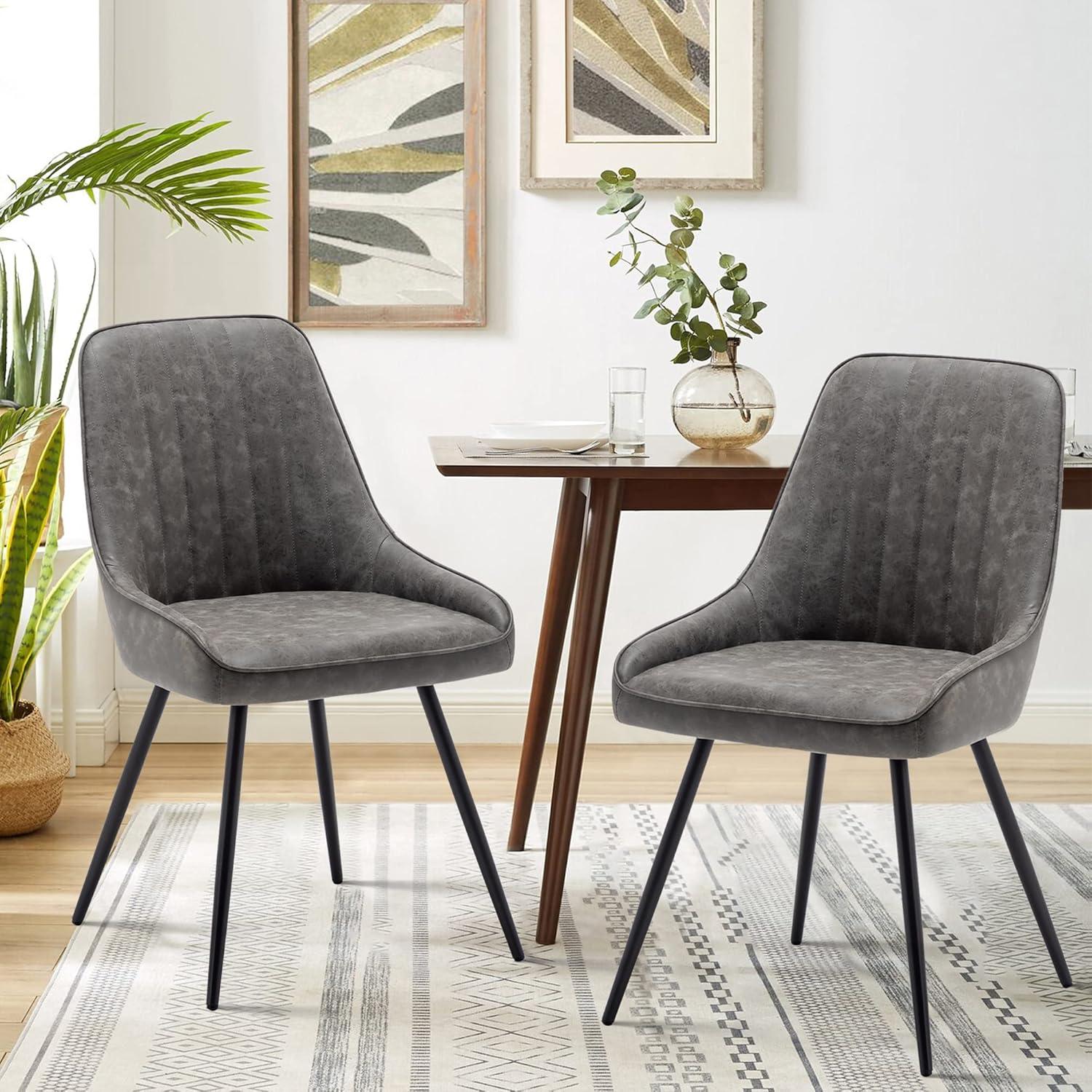 Alunaune Upholstered Dining Chairs Set of 2 Modern Faux Leather Armless Kitchen Chairs, Mid Century Leisure Accent Chair Living Room Desk Side Chair with Metal Legs-Grey