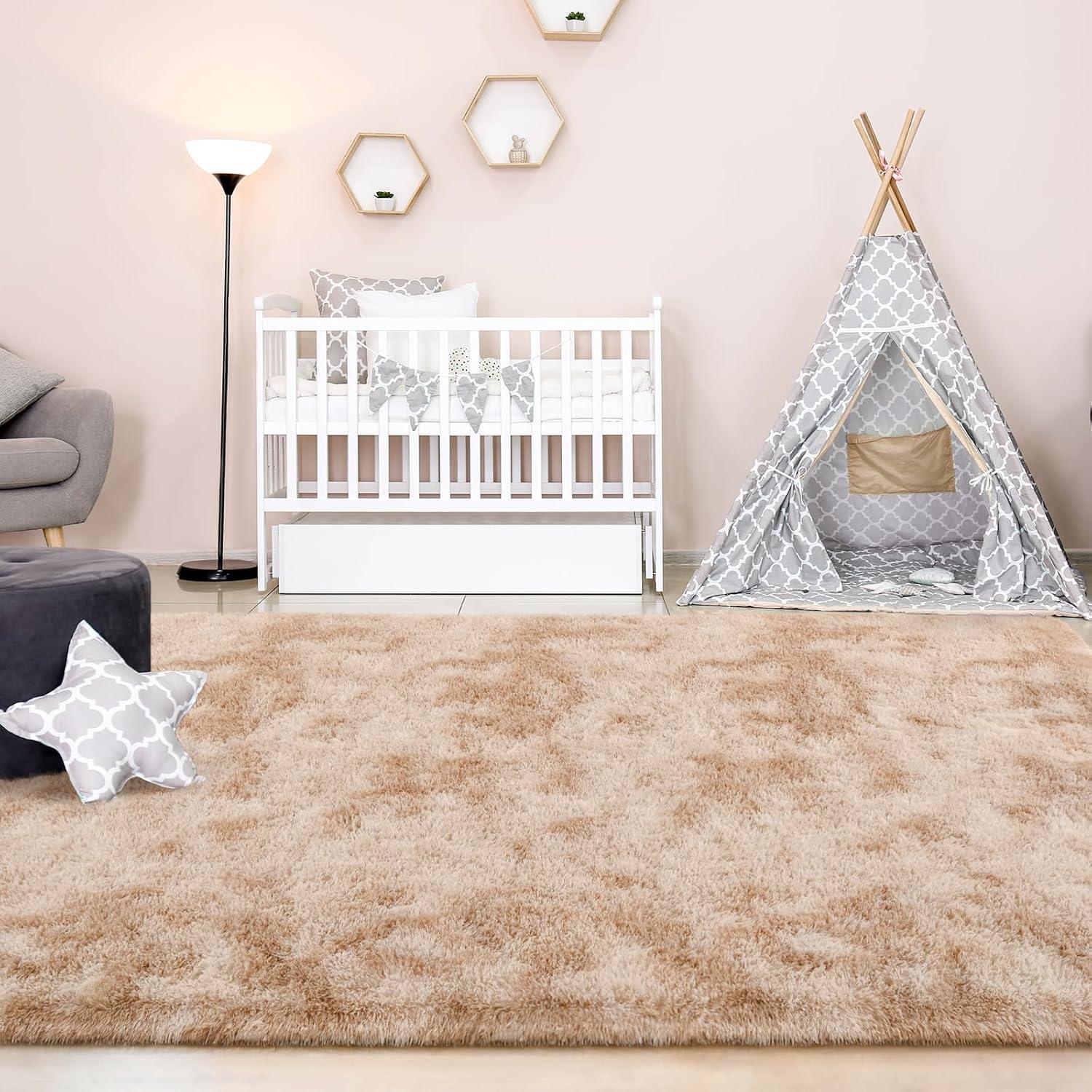 FlyDOIT Large Area Rugs for Living Room, 5x8 Feet Tie-Dyed Beige Shaggy Rug Fluffy Throw Carpets, Ultra Soft Plush Modern Indoor Fuzzy Rugs for Bedroom Girls Kids Nursery Room Dorm Home Decor