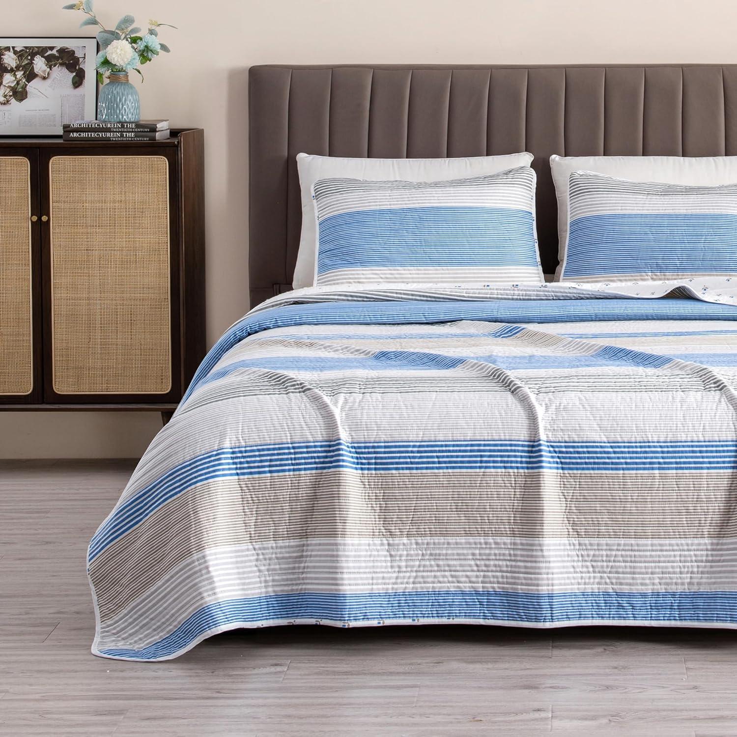 Blue and Taupe Striped Reversible Twin Microfiber Quilt Set