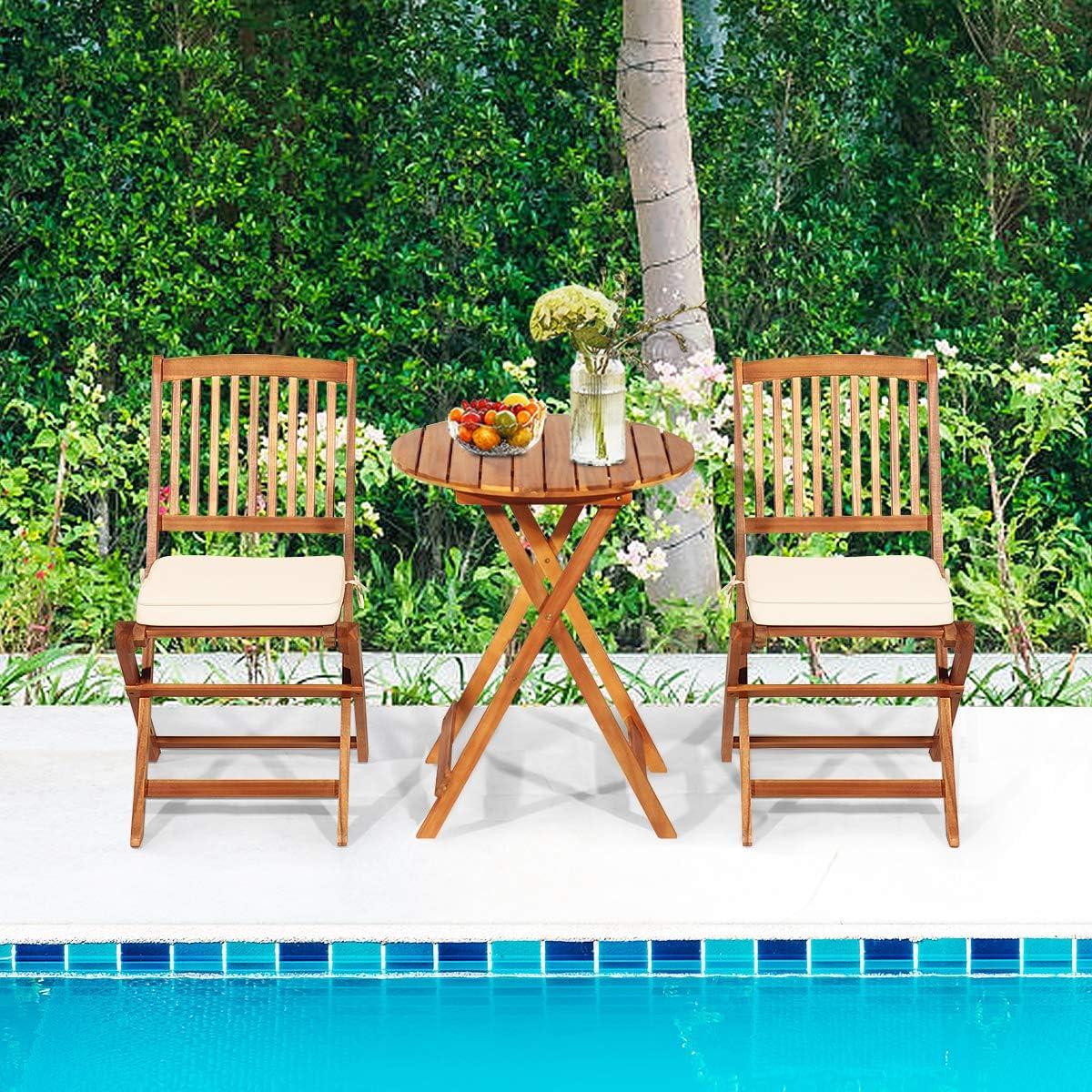 Giantex 3Pcs Patio Bistro Set, Wood Folding Table Set, 2 Cushioned Chairs for Garden Yard