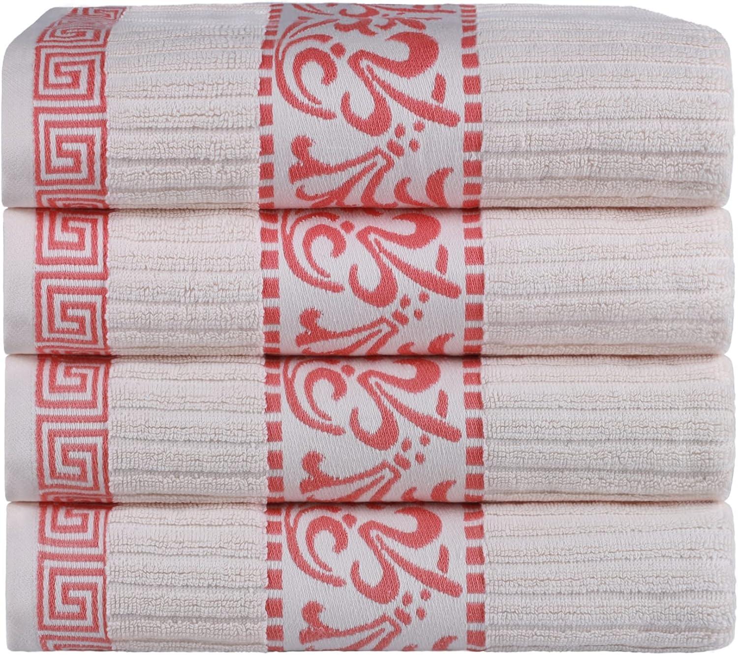 Superior Athens Cotton Greek Scroll Bath Towel Set of 4, Ivory-Coral