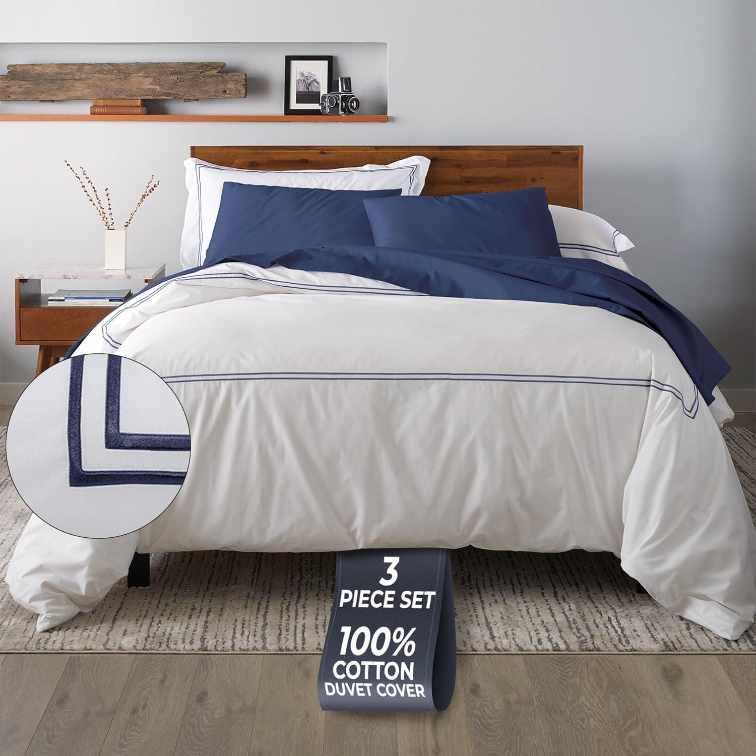 Ella Jayne Home Ella Jayne Cotton Duvet Cover with Satin Satin Stitching 3-Piece Set, White with White Satin Stitching