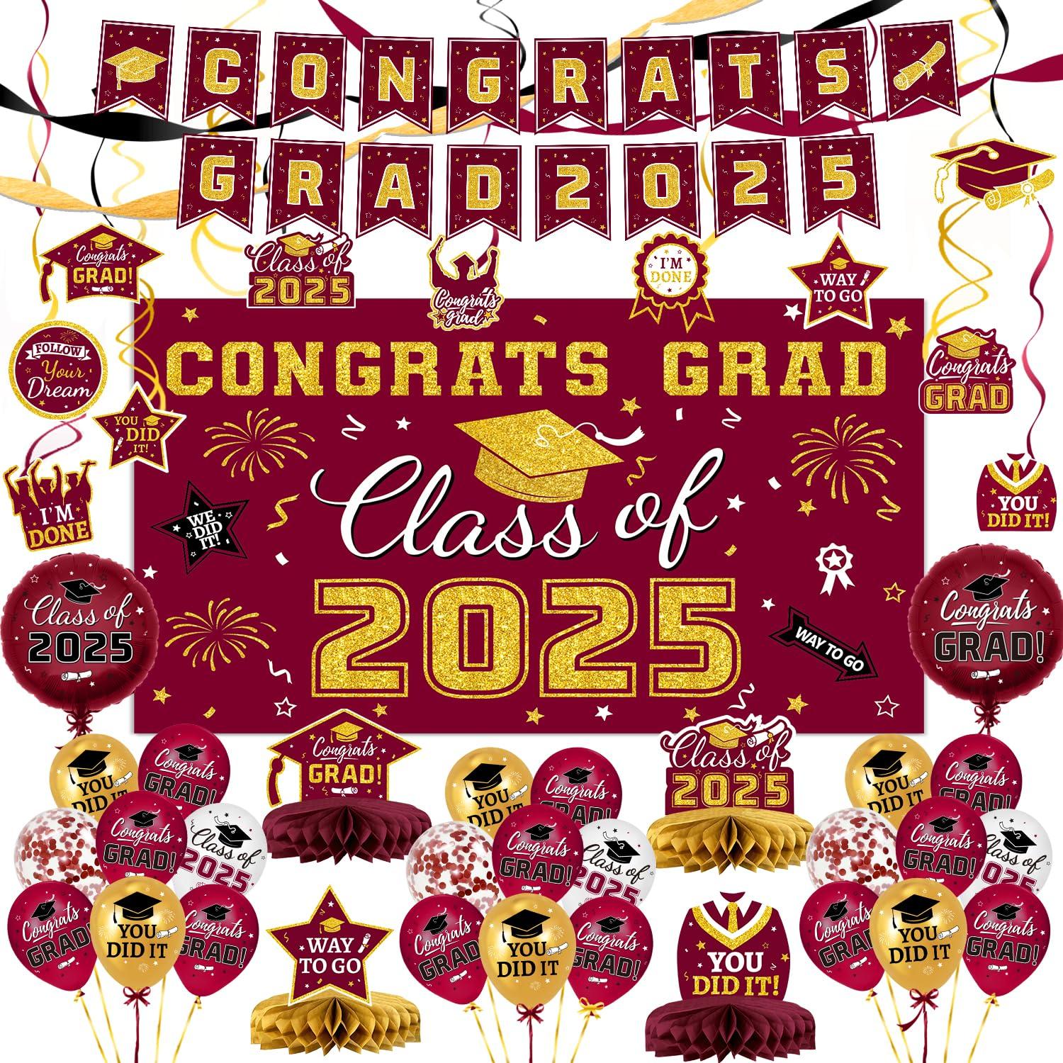 Graduation Decorations 2025, Graduation Decorations Class of 2025, Red Themed 2025 Graduations Party Decorations Include Banner, Backdrop, Balloons Kit, Foil Number 2025 for Grad Party Supplies
