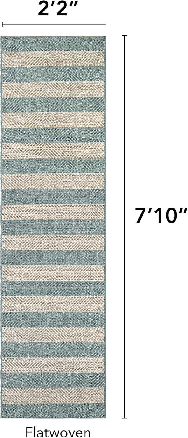 Couristan Afuera Yacht Club 2'2" x 7'10" Sea Mist Green and Ivory Stripe Outdoor Runner Rug