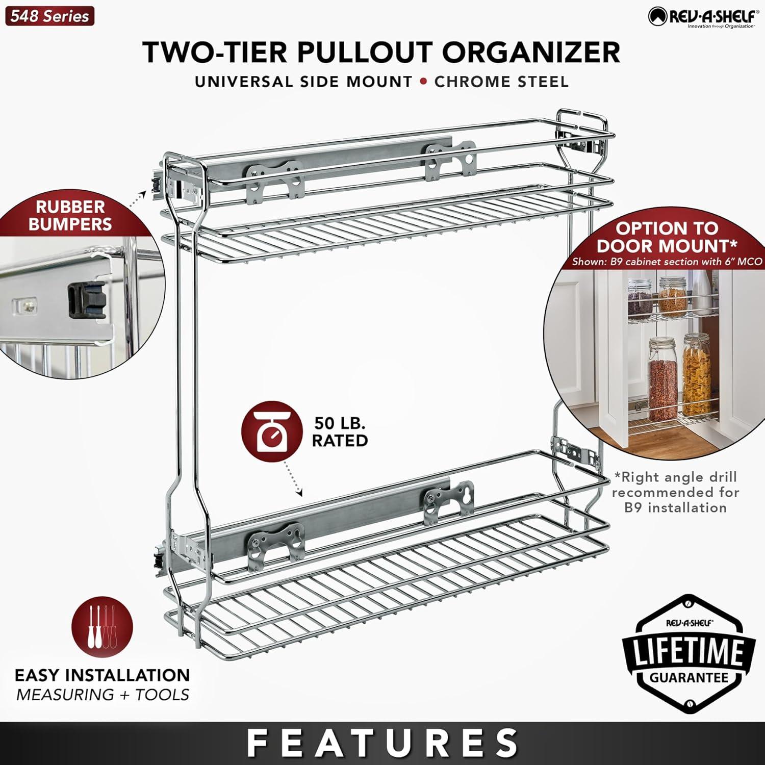 Rev-A-Shelf 18 Inch Pull Out Steel Wire Basket Shelf Storage Shelf Organizer for Kitchen Side Cabinets 2-Tier, Silver, 548-06CR-1