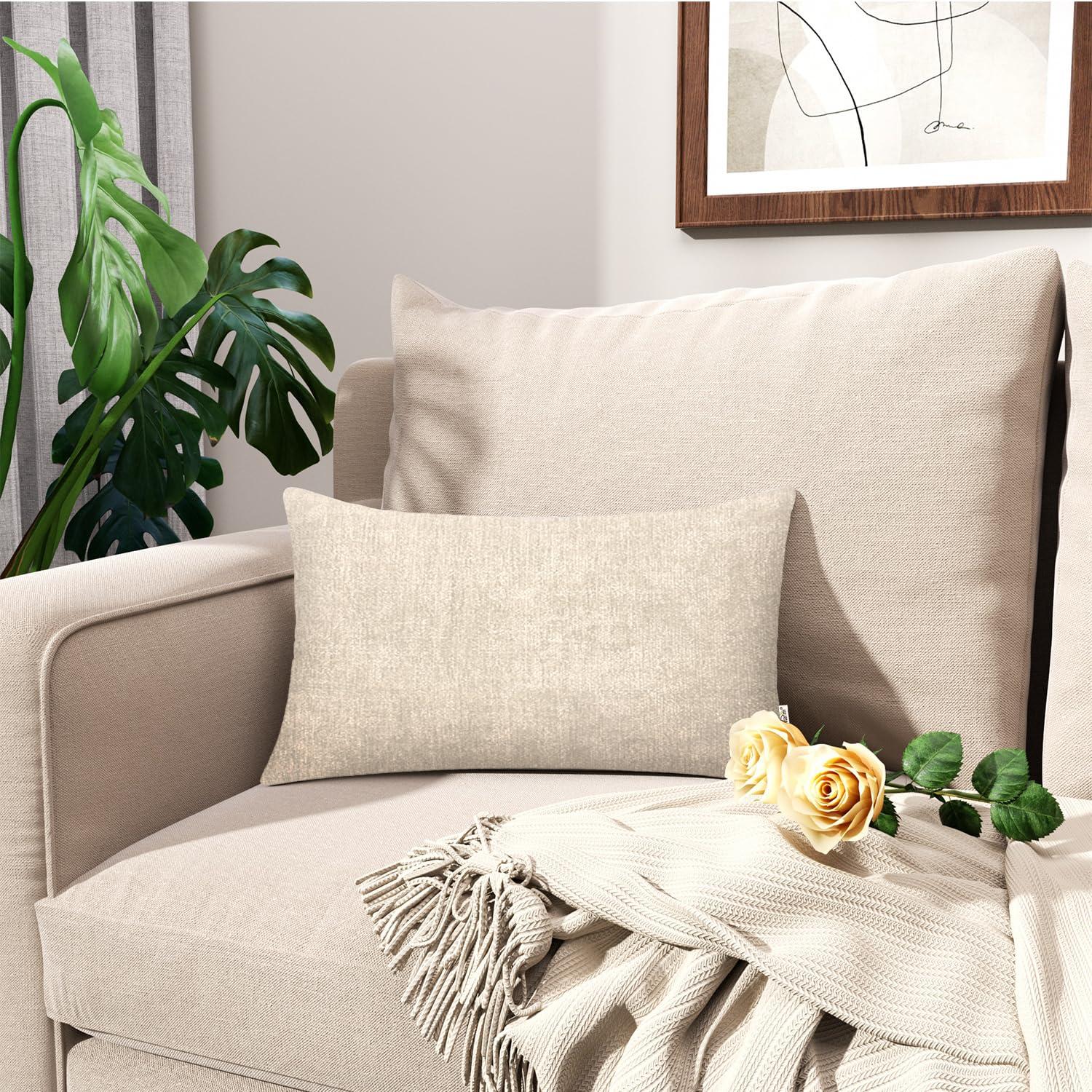 BRAWARM Throw Pillow Covers 12x20 Inches - Cream Chenille Lumbar Pillow Covers Pack of 2, Solid Dyed Soft Chenille Pillow Cases for Couch Sofa Bed Home Decoration