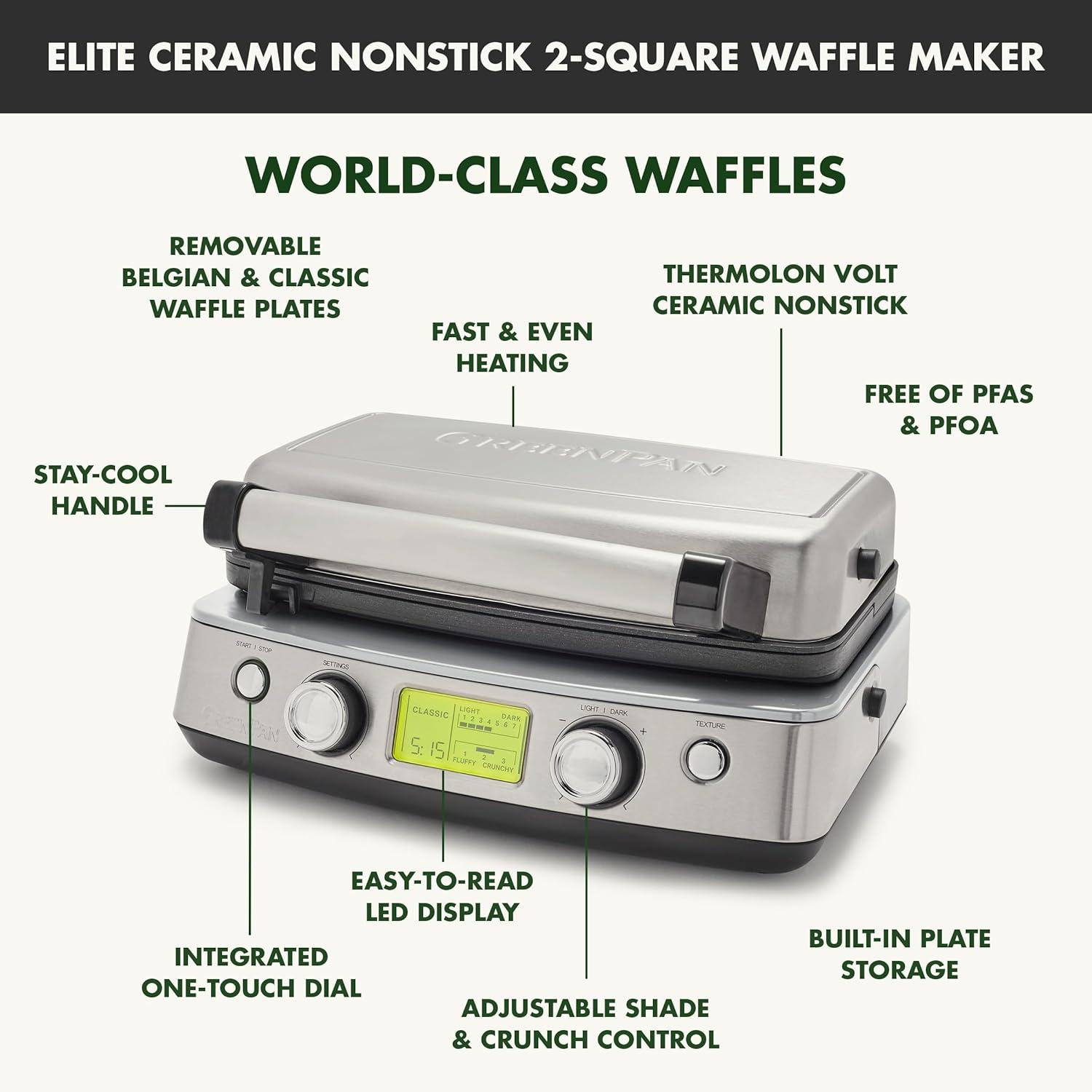 GreenPan Stainless Steel 2-Square Belgian Waffle Maker with Nonstick Plates