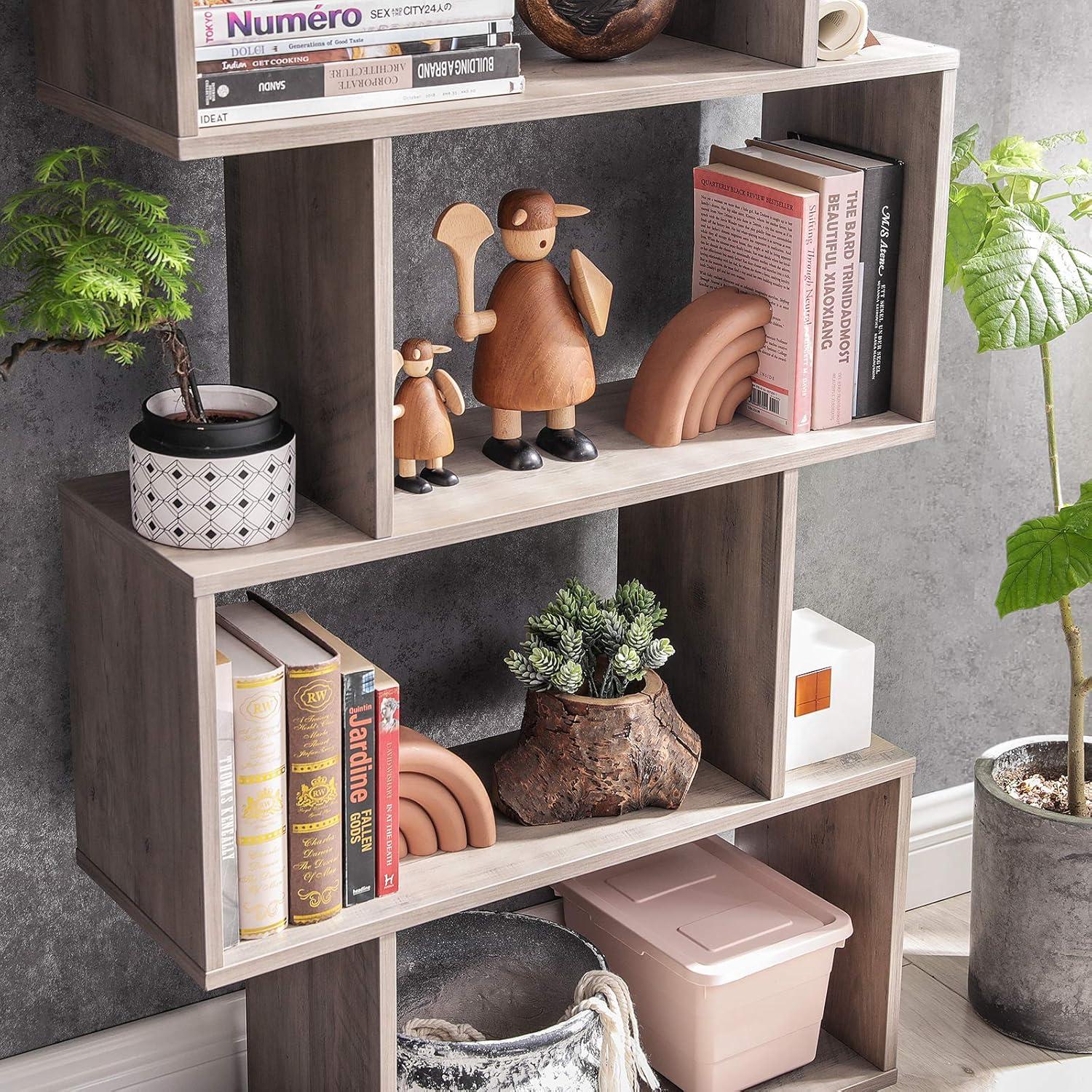 Wooden 5-Tier Bookcase Storage Shelf Display Shelf and Room Divider Freestanding Greige