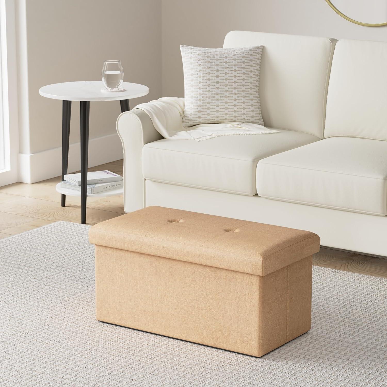 Simplify Faux Linen Double Folding Storage Ottoman in Camel