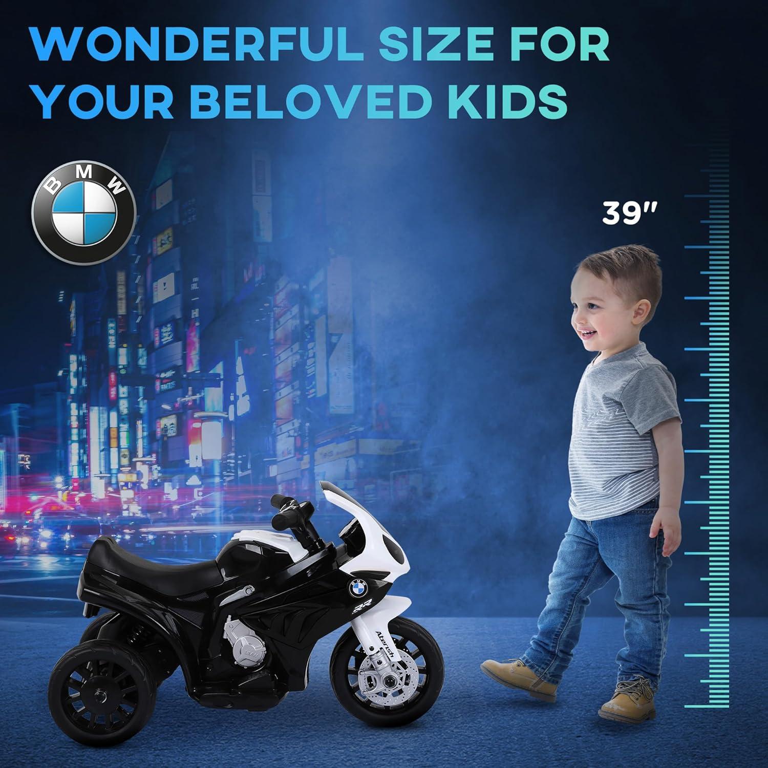 Aosom 6V Kids Motorcycle Licensed BMW, Toddler Motorcycle with Headlight, Music, 3 Wheeled Electric Motorcycle for Kids, Gift for Boys & Girls, Black