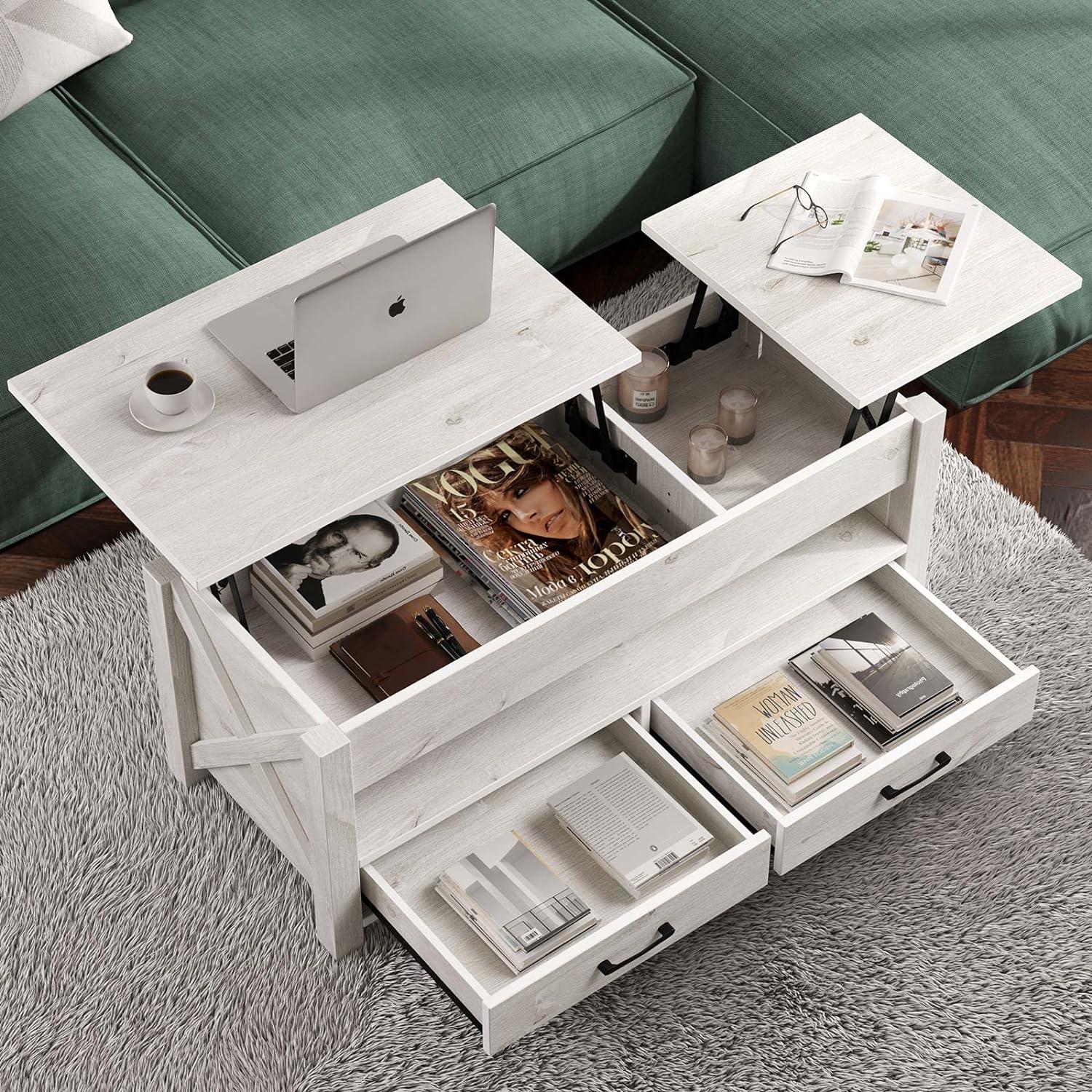 Gray Rectangular Lift-Top Coffee Table with Storage Drawers