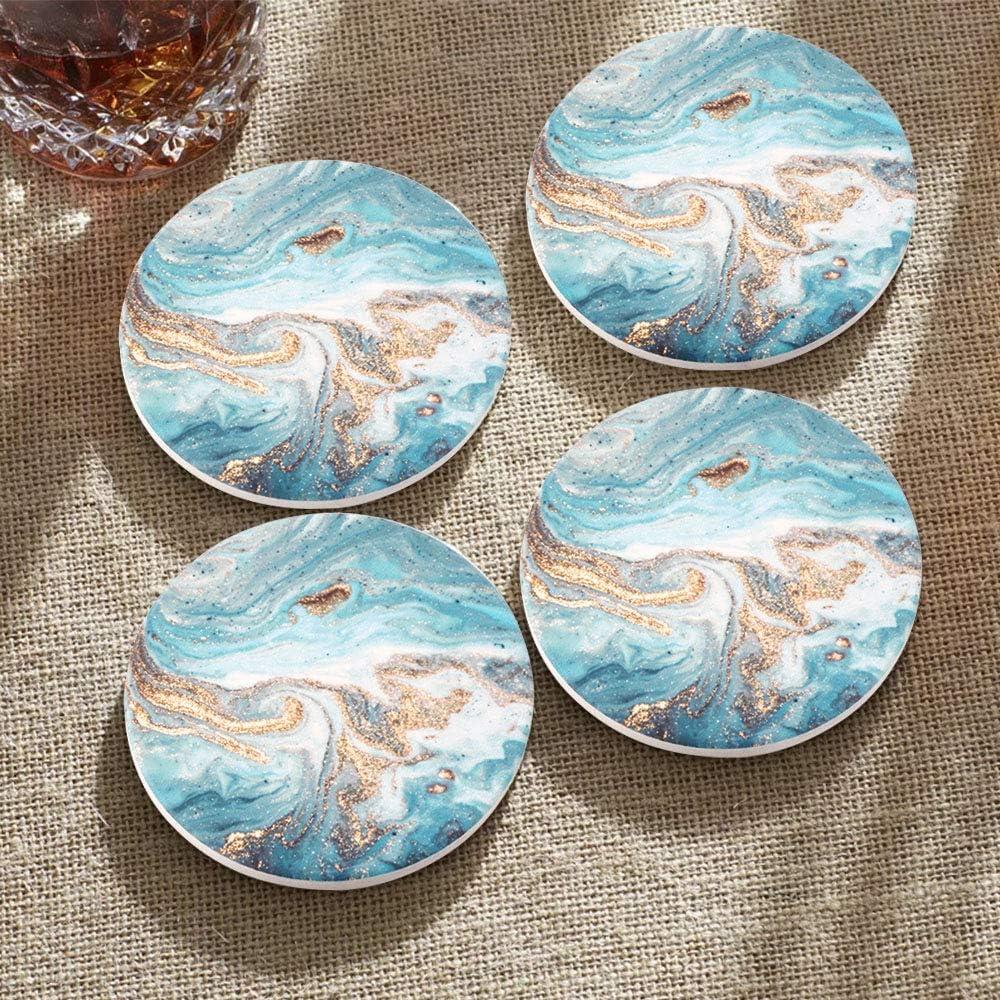 Teal Marble Drink Coasters - Turquoise Marble Round Drinks Absorbent St Coaster Set with Ceramic St with Cork Base for Tabletop Protection, 4 Pieces