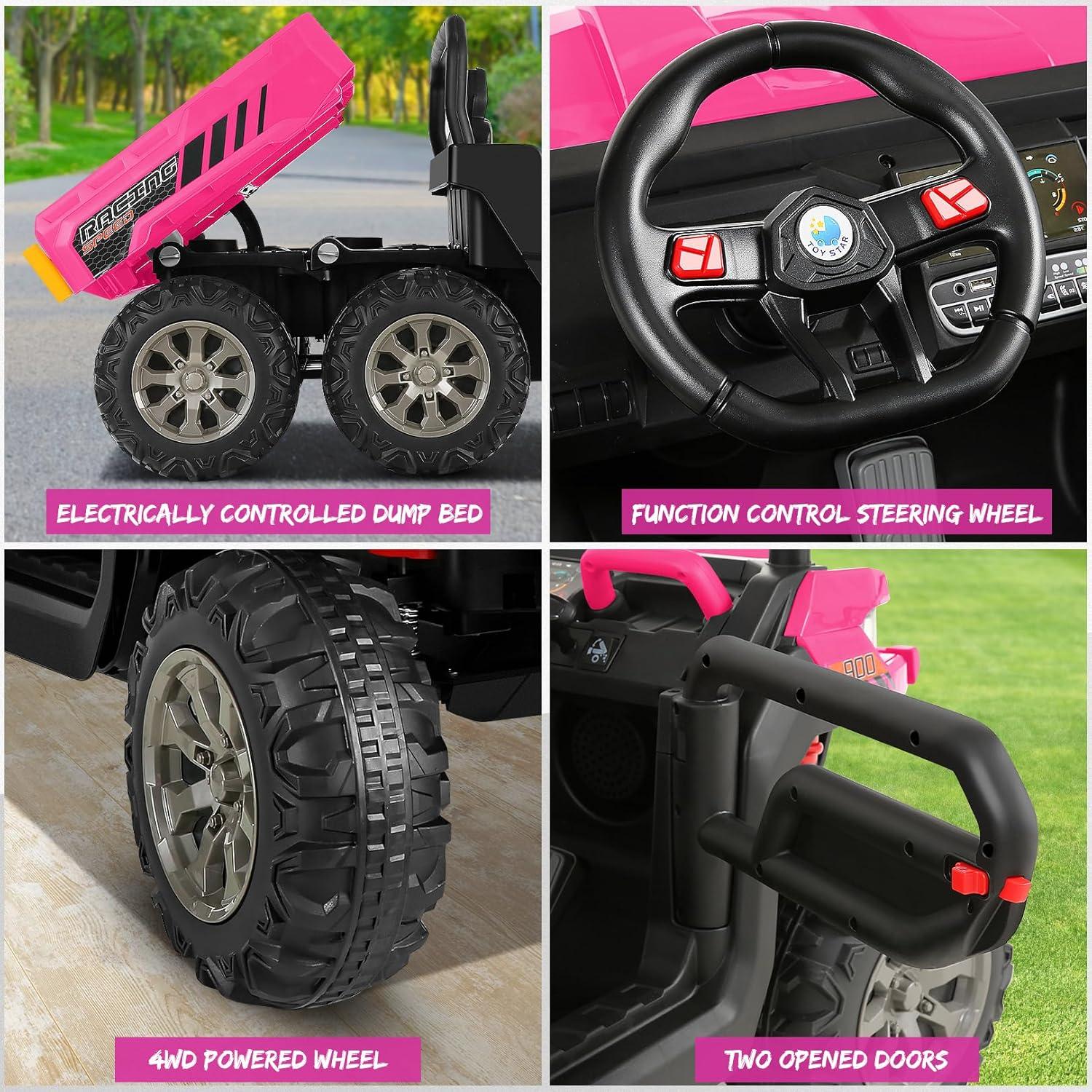 24V Kids Ride on Dump Truck with Remote Control, 2 Seater Powered 4-Wheel UTV Toys, 2x200W Ride on Tractor Car w/ Electric Dump Bed, Shovel, Bluetooth Music, Pink