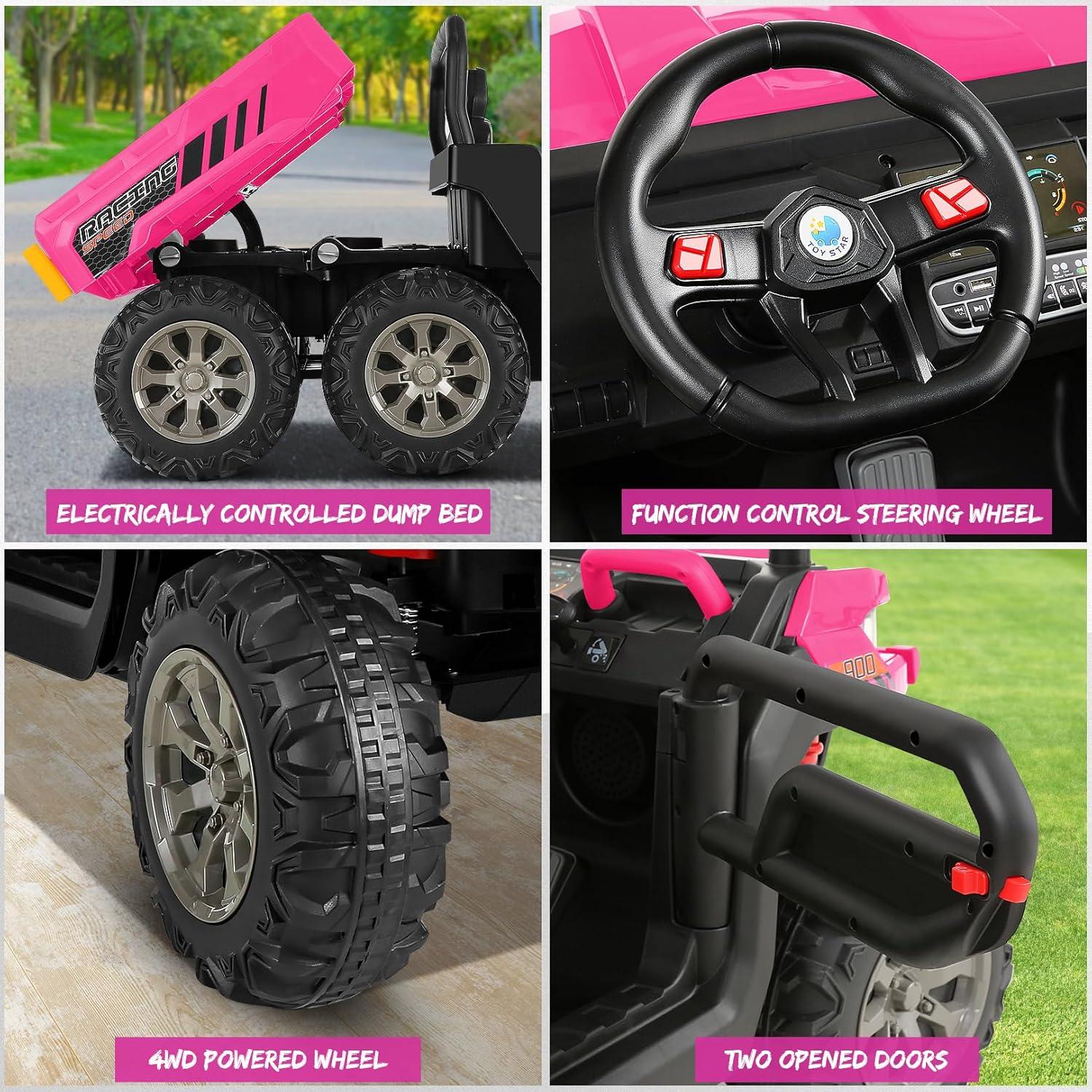 VIBESPARK 24 Volt Ride on Toys with Dump Bed, 2-Seater Ride on Dump Truck, 2×200W Electric Car for Kids Ride on UTV w/ Remote Control, Shovel, Bluetooth, Music, LED Light, 5MPH, Blue