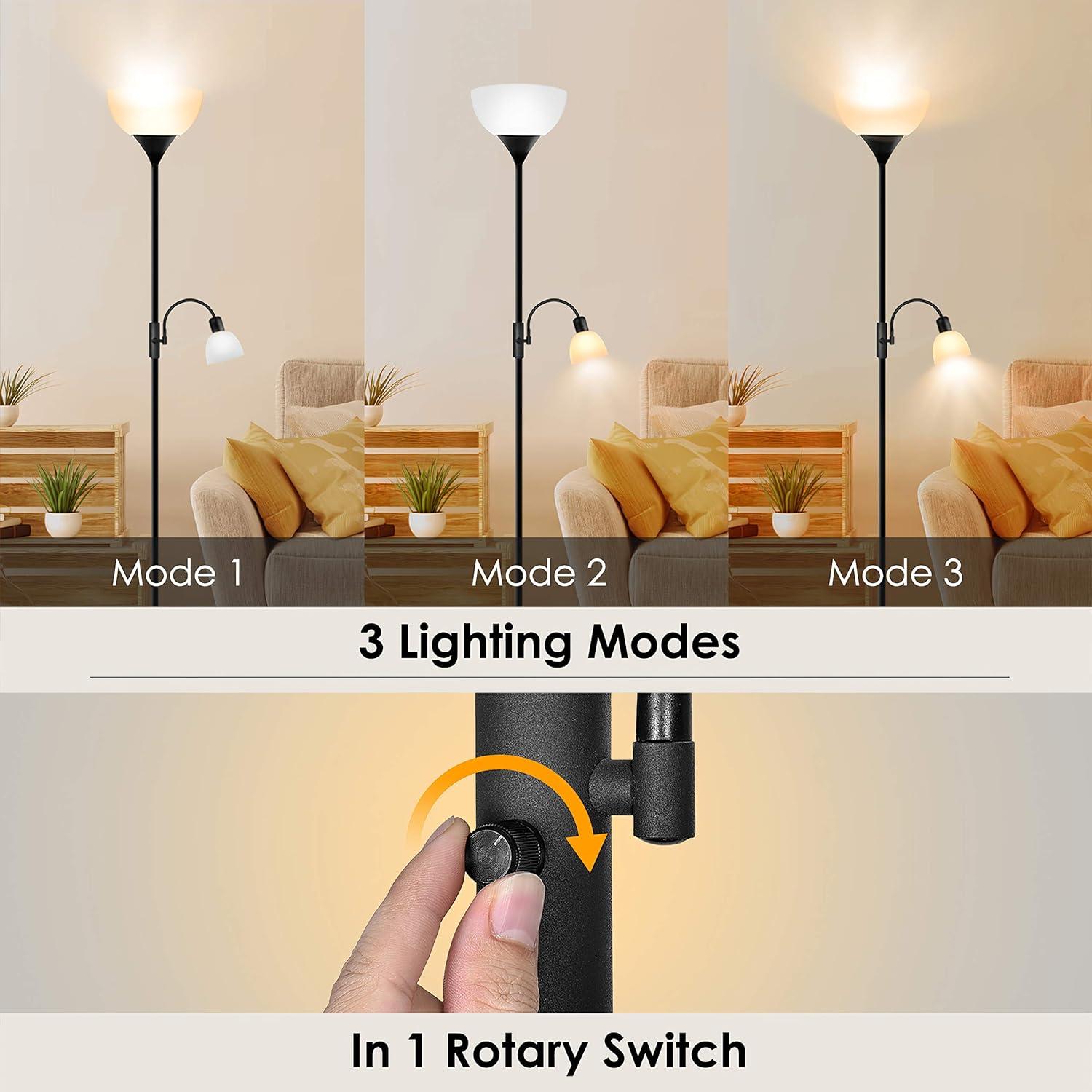 Floor Lamp, Standing Lamp, 9W LED Torchiere Floor Lamp with 4W Adjustable Reading Lamp, 3000K Energy-Saving LED Bulbs, 3 Way Switch, 50,000hrs Lifespan, Floor Lamps for Bedroom, Living Room,