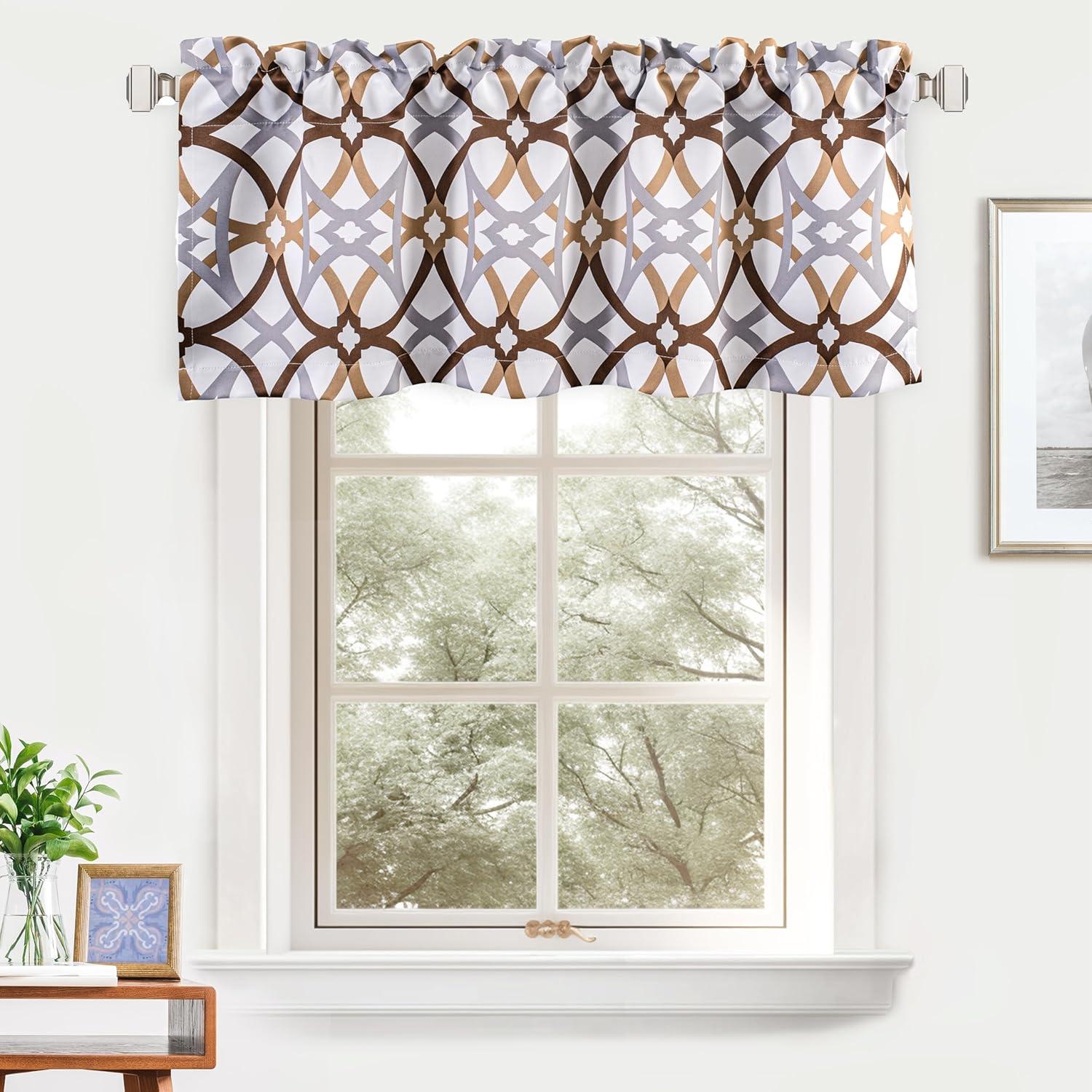 DriftAway Alexander Spiral Geo Trellis Pattern Window Curtain Valance Rod Pocket 52" x 18" Plus 2" Header, Brown, 1 Pack