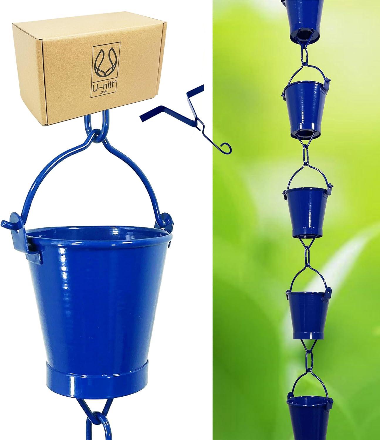 U-nitt Rain Chains, Roof Gutter Downspout Channel, Rainwater Catcher/Diverter, 8.5 FT, Metal, Blue Powder Coated, Farmhouse Bucket, 8146BLU