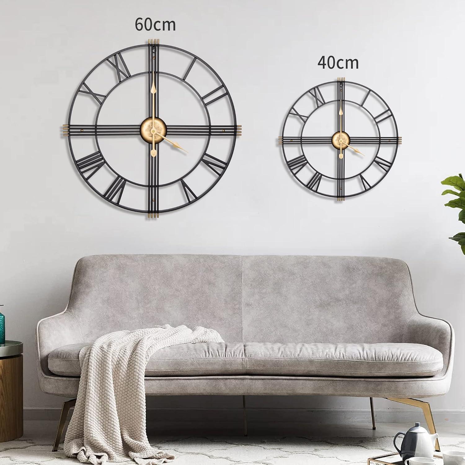 Large Wall Clock,24" Metal Decorative Round Wall Clocks,Quality Quartz Movement Silent Retro Roman Numerals Clock for Living Room Bedroom Kitchen Decor