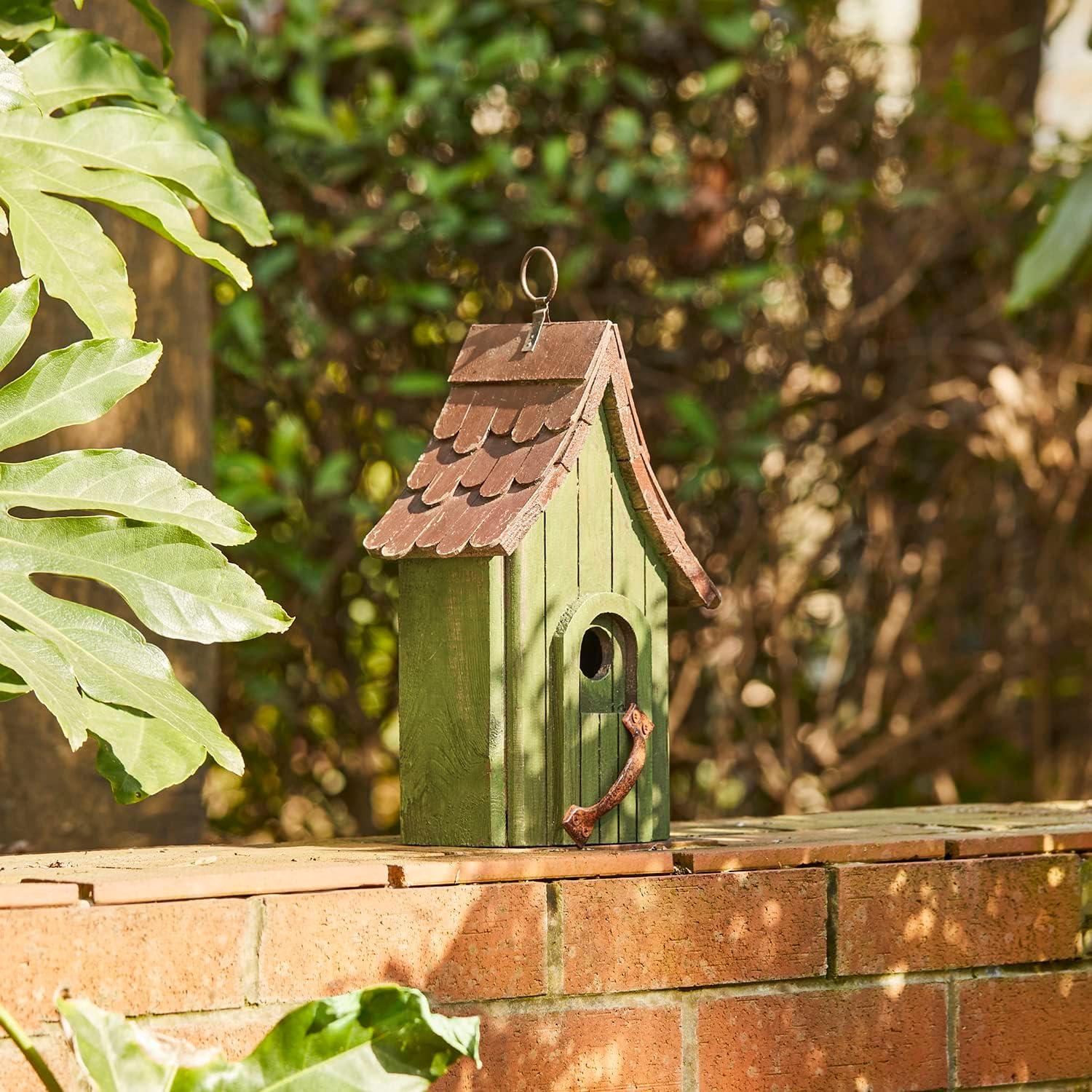 Green Hand Painted Wood Birdhouse with Distressed Details