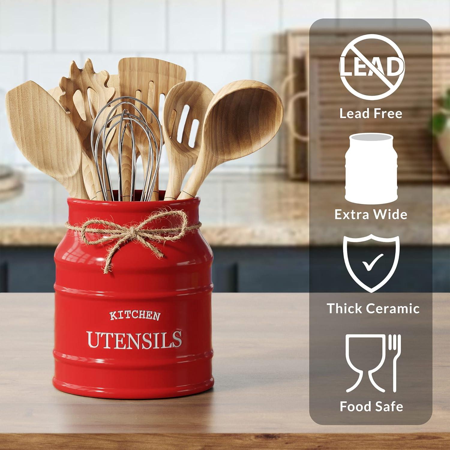 Anadea Ceramic Farmhouse Utensil Holder for Kitchen Counter, Large Rustic Utensil Crock