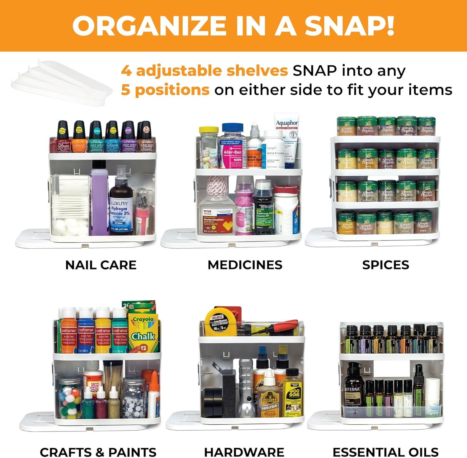 Cabinet Caddy SNAP! Spice Rack Organizer for Cabinet - Slide & Rotate Seasoning Organizer - 3 Snap-In Adjustable Shelves for 5 Tier of Storage - Magnetic Modular Design - 8.9”H x 6.1”W x 10.8”D