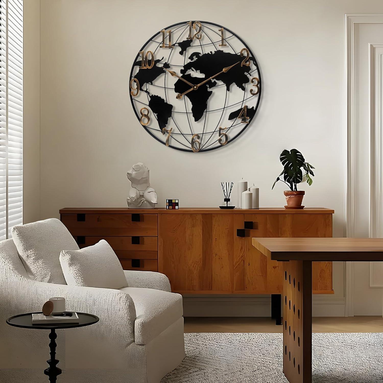 24-Inch Black and Gold Iron World Map Wall Clock