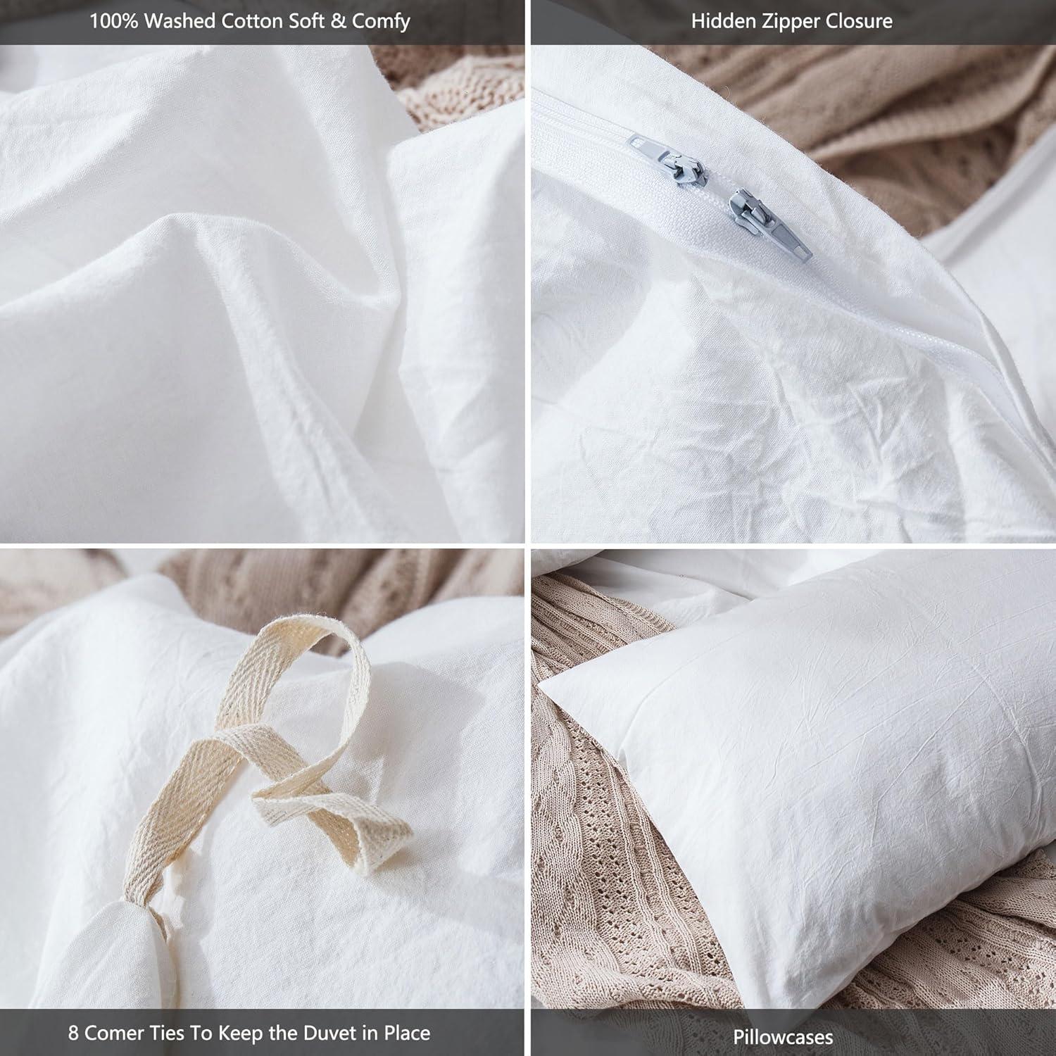 QUALITY FLOORING INC. Bedding Duvet Cover Set 100% Washed Cotton Linen Like Textured Breathable Durable Soft Comfy (Off White, King)