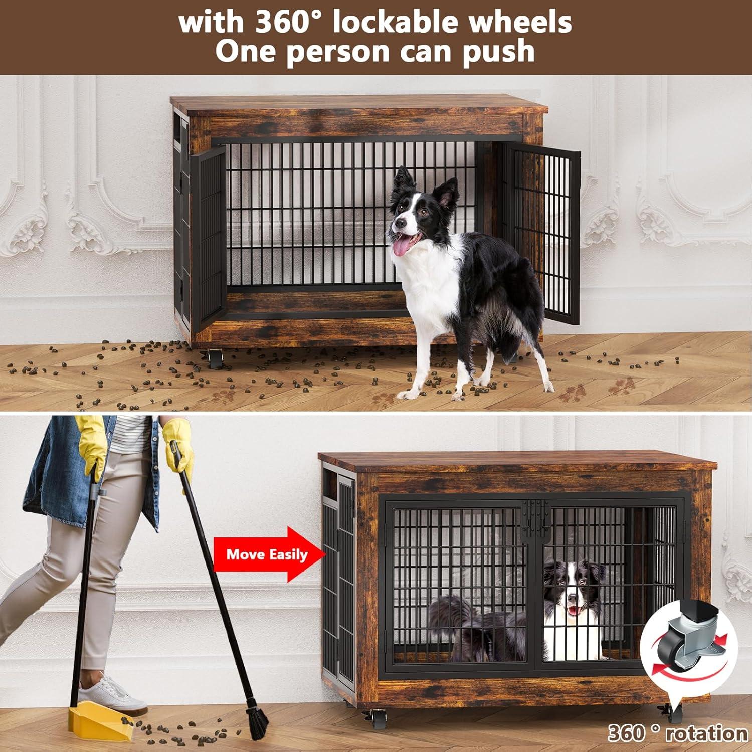 EasyCom Dog Crate Furniture, Extra Large Dog Kennel Indoor with Top-Access Teasing/Feeding Door, Spacious Dog House Moveable Furniture-Style Dog Cage with Wheels Double Doors