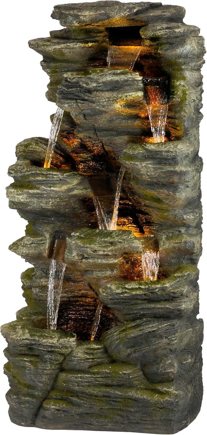 51" Resin Rock Cascading Fountain with LED Lights Gray - Alpine Corporation: Waterfall Feature, Birdbath