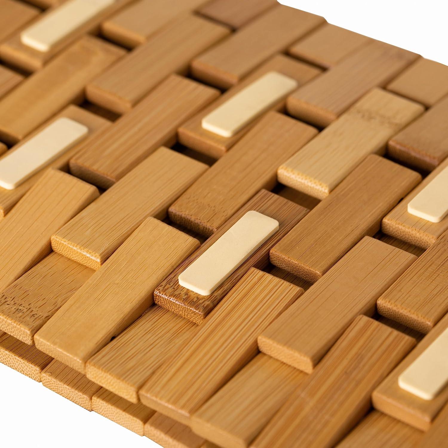 Basicwise Foldable Bamboo Bathroom Mat - Non-Slip Design for Showers, Bathtubs, Spas, and Pools - Providing Comfort, Quick Drying, Medium