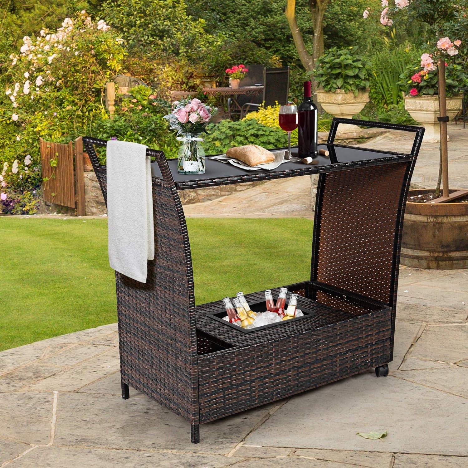 RELAX4LIFE Outdoor Wicker Bar Cart with Removable Ice bucket, Patio Serving Counter Table with Glass Top & Wheels, Storage Compartments Rattan Rolling Trolley for Pool, Backyard,Porch Wine Cart, Brown