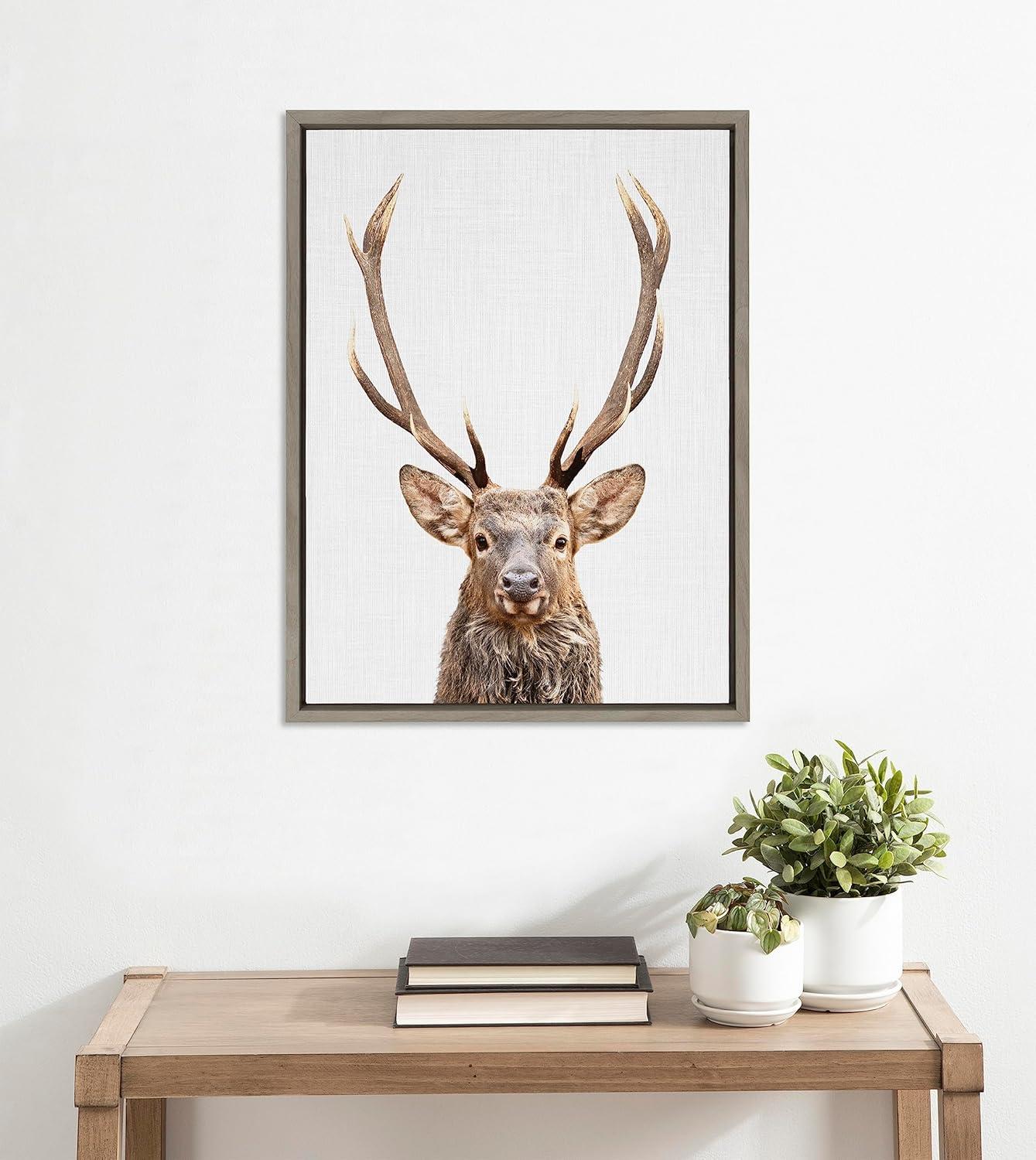 Gray Framed Canvas Wall Art with Deer Portrait, 18x24