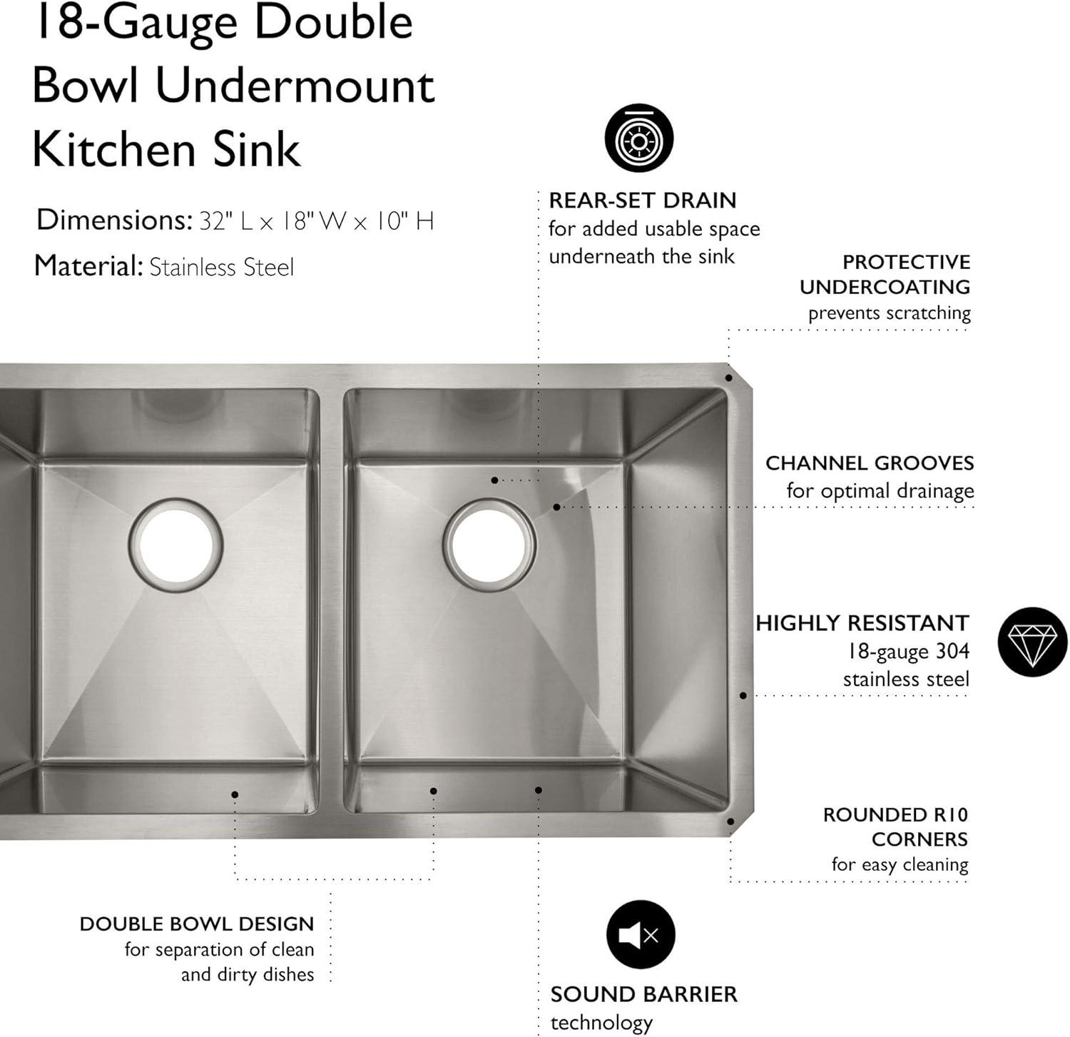 32" L x 18" W Double Basin Undermount Kitchen Sink