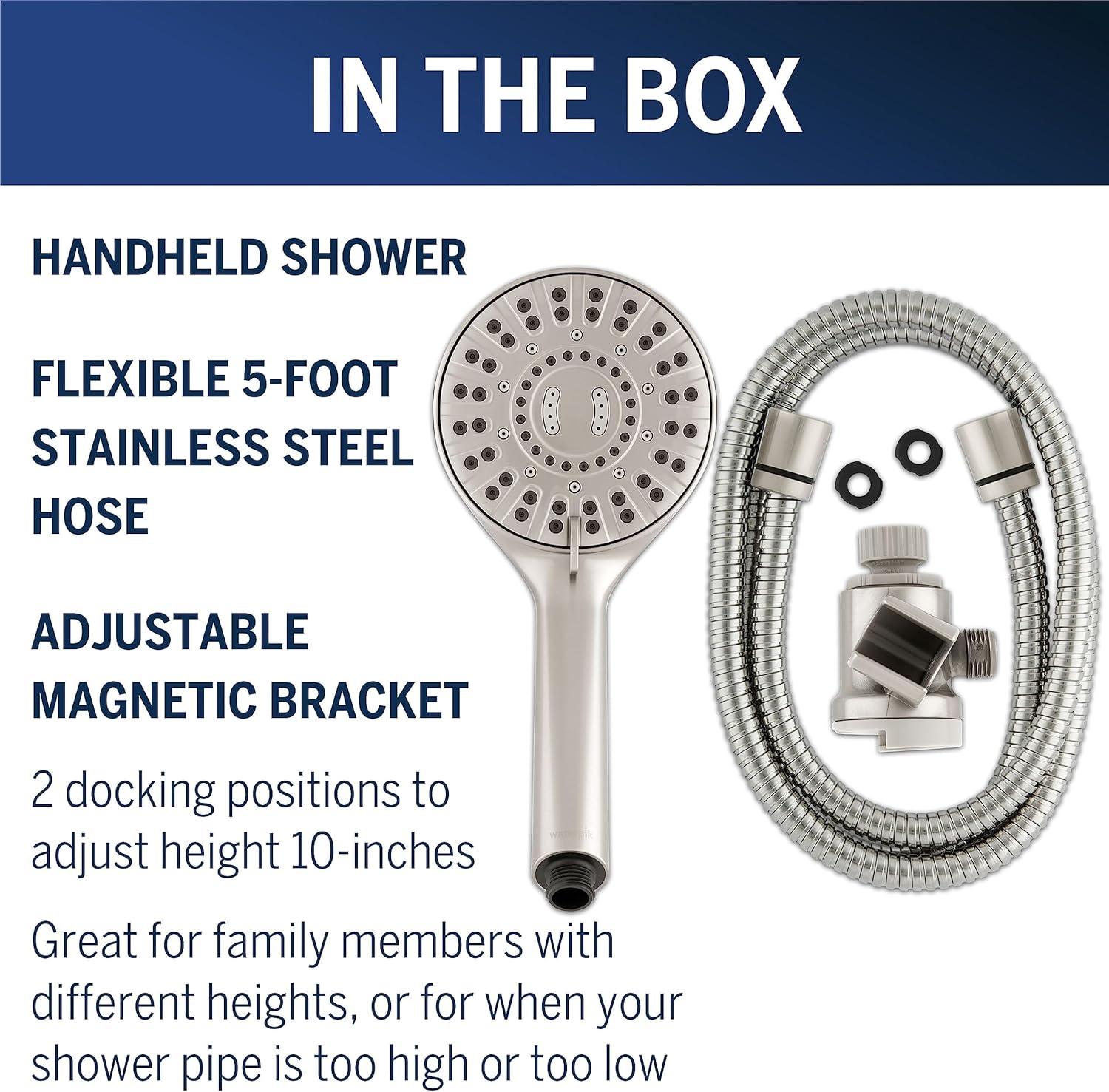 Waterpik Magnetic Dual Dock Adjustable Height Hand Held Shower Head With 5-Foot Metal Hose and PowerPulse Shower Massage, Brushed Nickel QMP-869ME