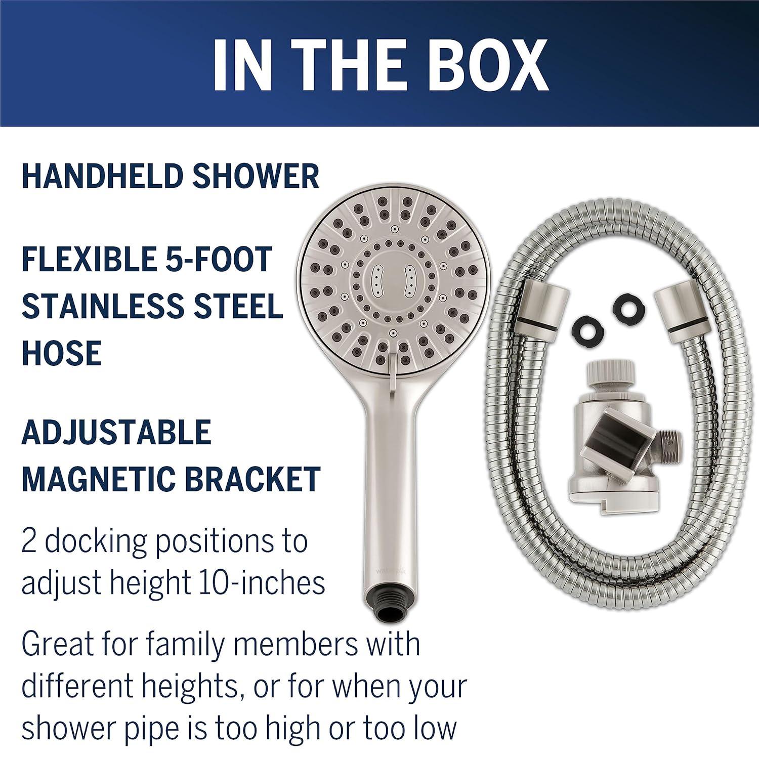 Waterpik Magnetic Dual Dock Adjustable Height Hand Held Shower Head With 5-Foot Metal Hose and PowerPulse Shower Massage, Brushed Nickel QMP-869ME