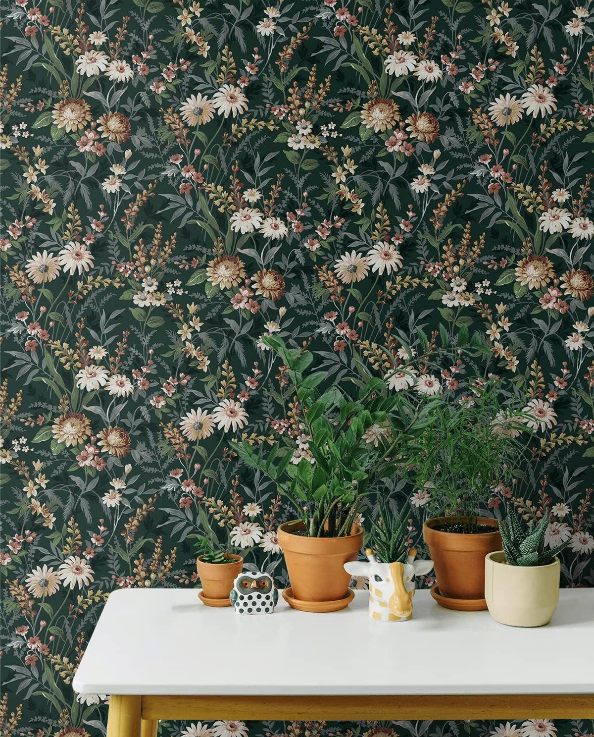 NextWall Vintage Floral Peel and Stick Wallpaper 20.5 in. W x 18 ft. L - Forest Green