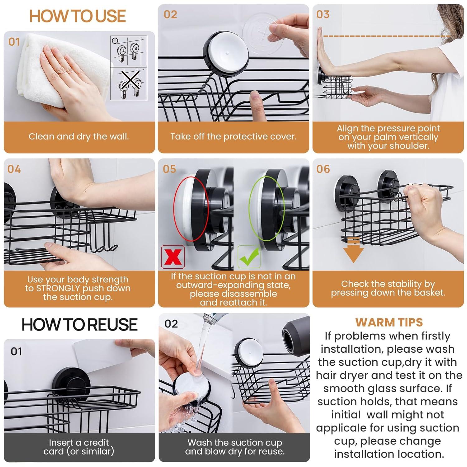 Shower Caddy Suction Cup 2 Pack With Hooks & Soap Holder, Heavy Duty Shower Organizer For Bathroom