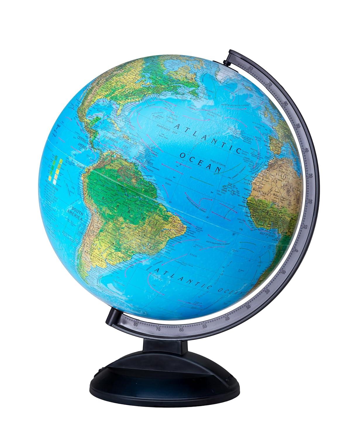Replogle Ready to Assemble World 12" Diameter Globe, USA Cartography, Modern Acrylic Globe Stand and Blue Ocean Globe Ball. Easy to assemble globe that shows both Political and Vegetative information including political borders and provincial borders, major ocean currents, detailed lakes, rivers, tributaries and canals.
