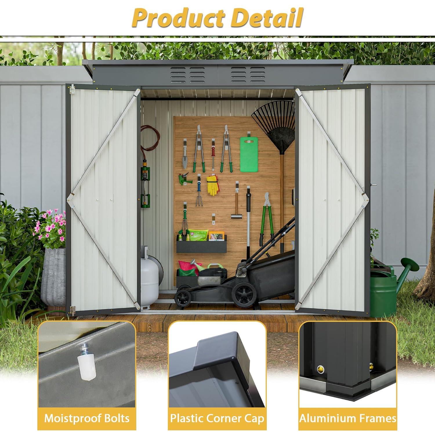 6x4 FT Backyard Garden Tools Storage Shed,Black Aluminium Frame Storage Shed,Metal Outdoor Storage Shed with Lockable Door and Floor Frame-Coolbibila