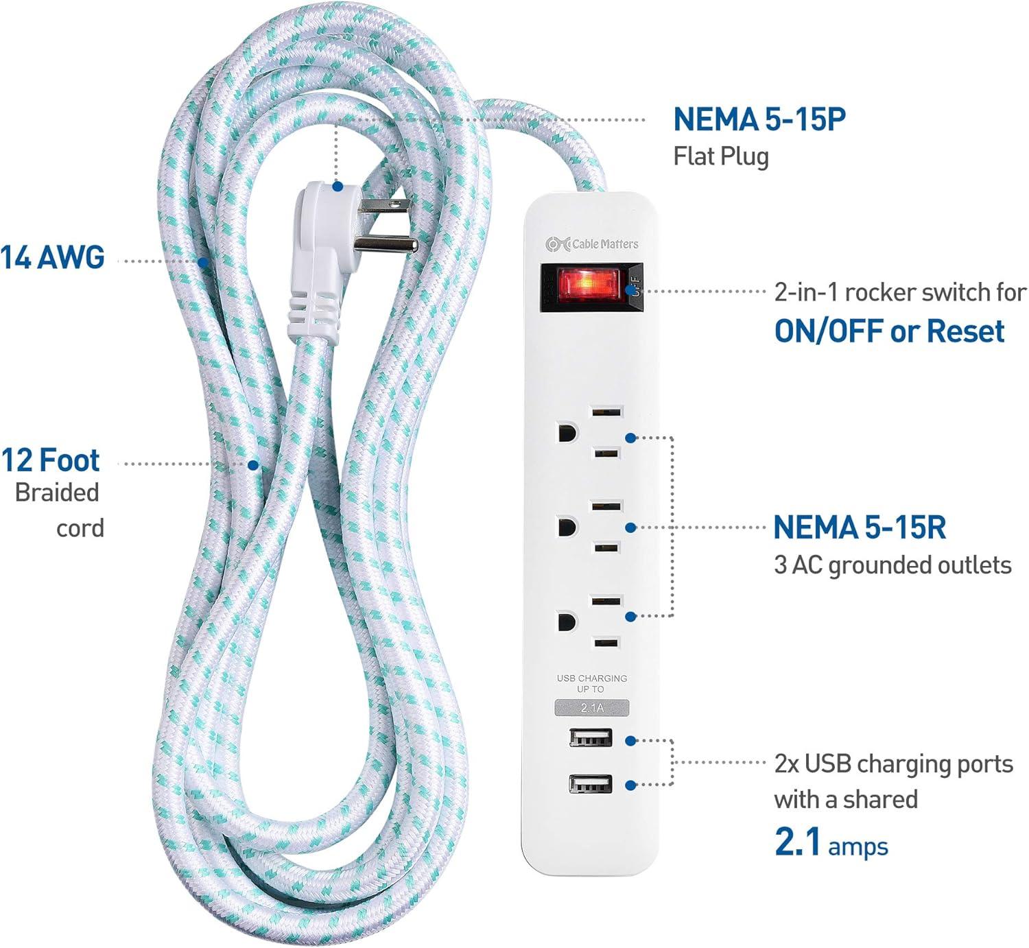 White 3-Outlet Power Strip with USB and Surge Protection