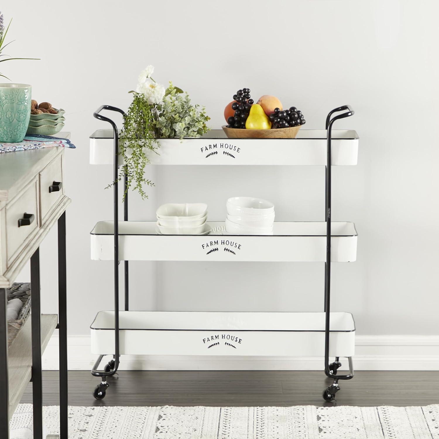 DecMode 32" x 35" White Metal Kitchen Rolling 3 Shelves Bar Cart with Black Accents and Farm House Design, 1-Piece
