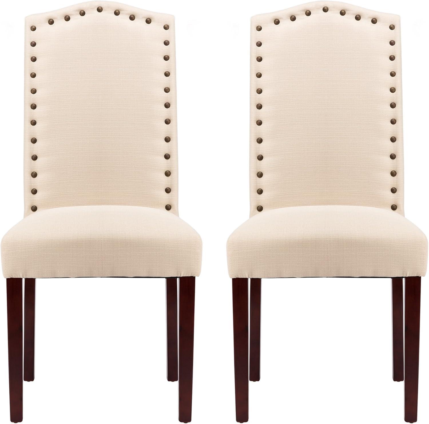 Dining Chairs Set of 2, High Back Fabric Upholstered Parsons Dining Room Chairs, Nail Head Trim Dining Chair, Beige