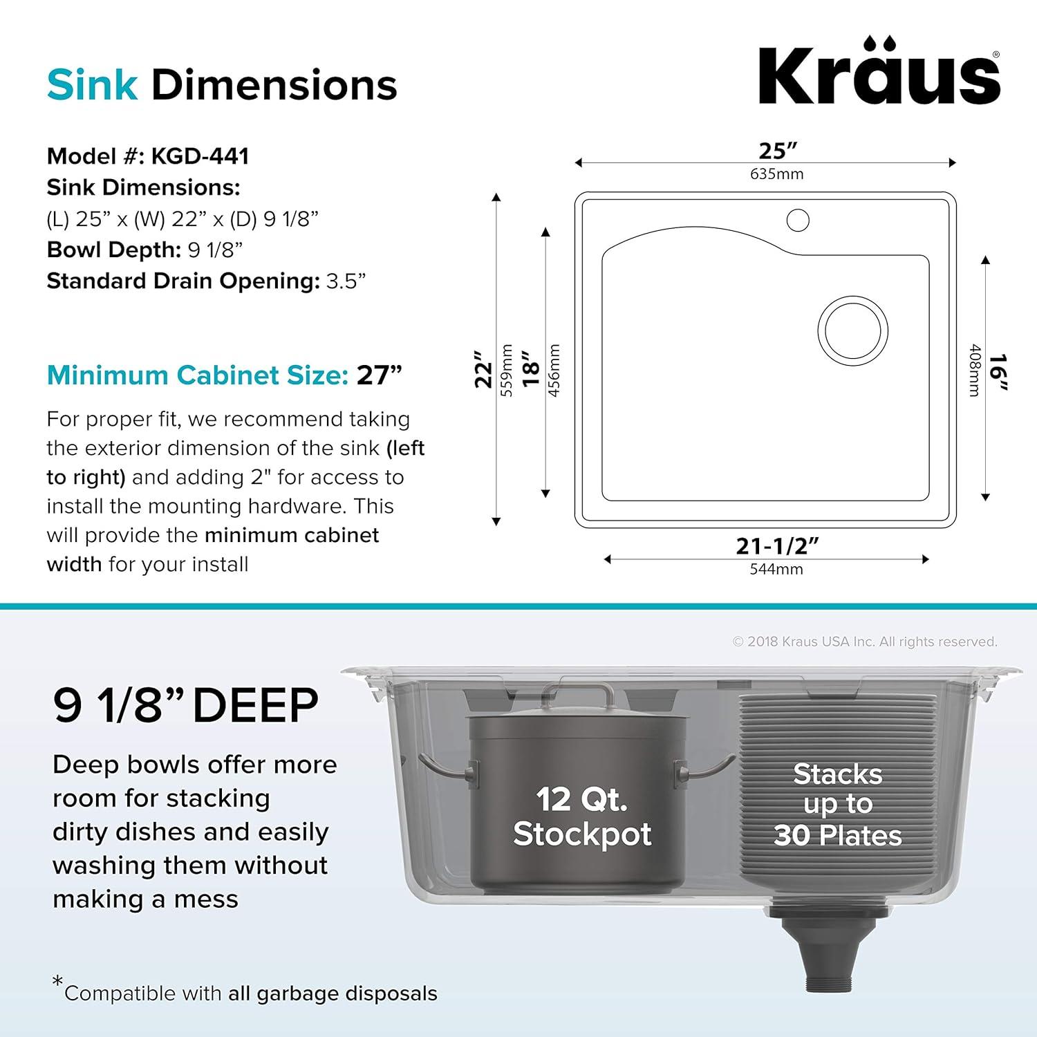 Kraus KRAUS Quarza™ 25" L Dual Mount Single Bowl Granite Kitchen Sink and Strainer KGD-441GREY-PST1-GR